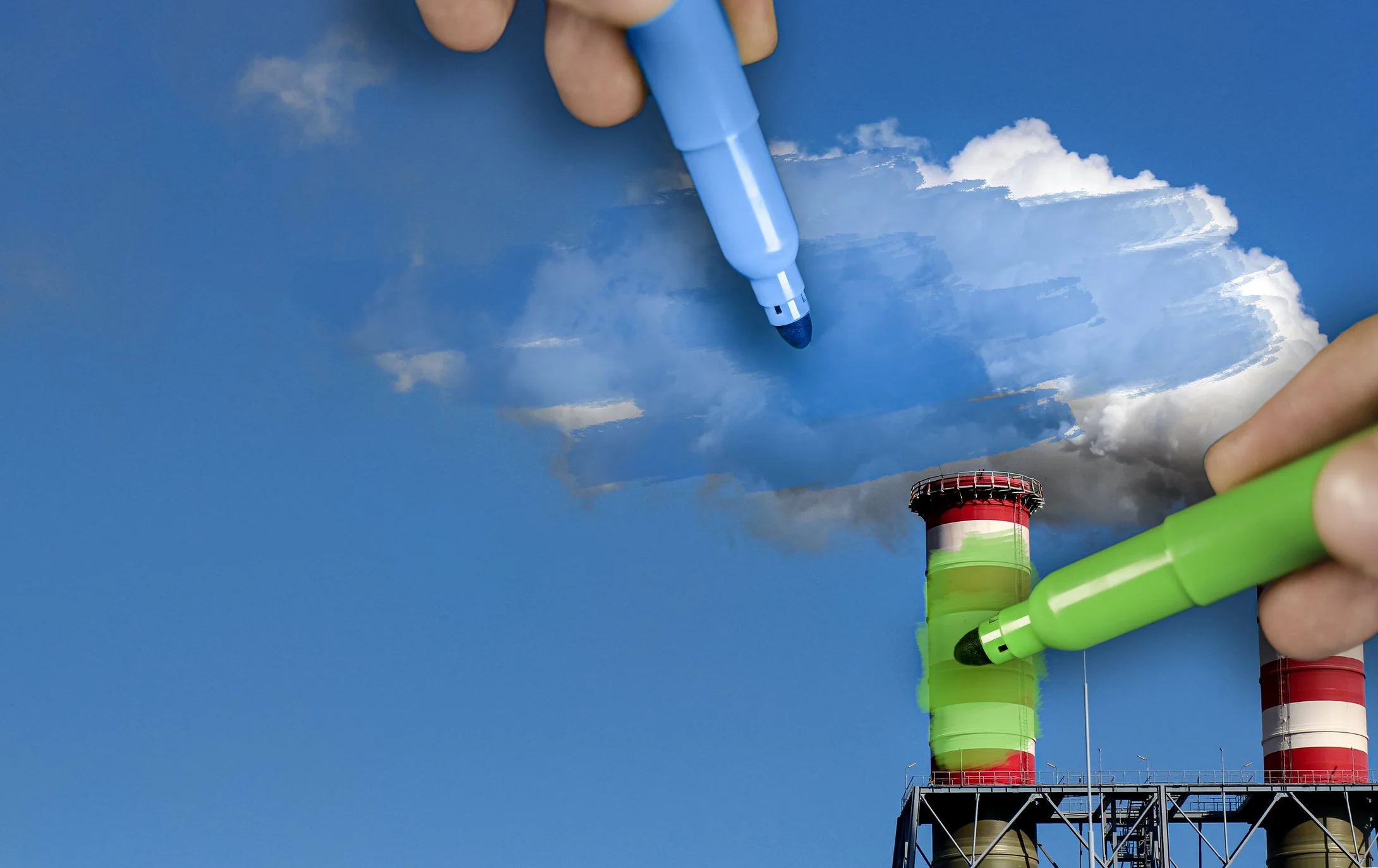 blue and green markers colouring in pollution from smoke stack