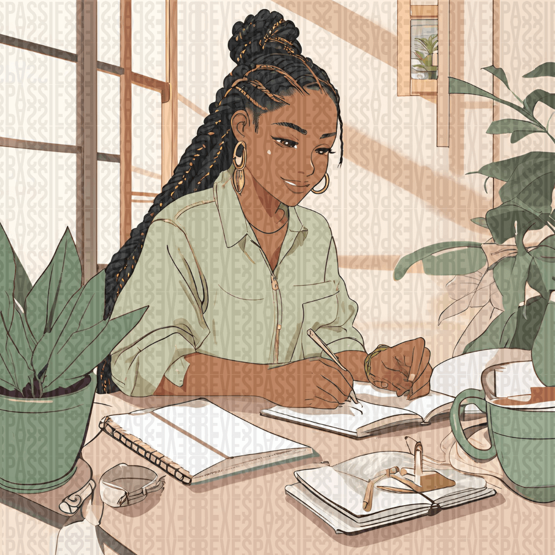 Une femme souriante avec des tresses écrivant dans un carnet entourée de plantes, incarnant la liberté et la créativité