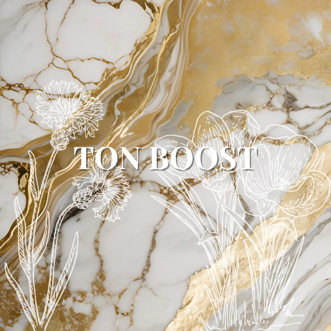 Marble background with gold veins and white flower outlines, text 'TON BOOST' in the center.