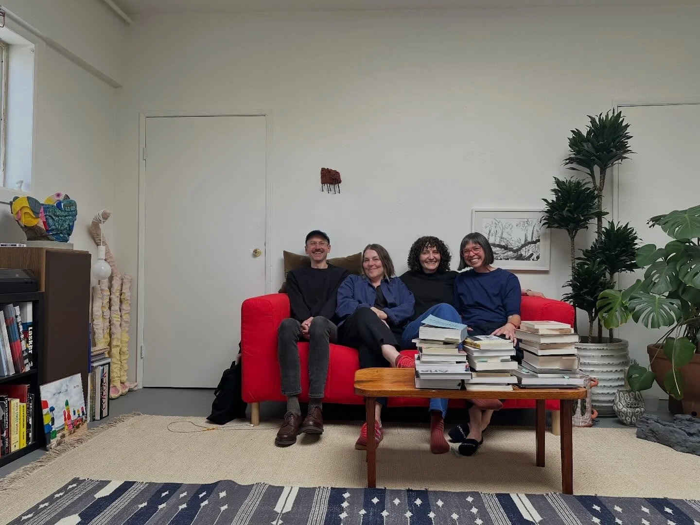 Tia Kramer and Amanda Leigh Evans (on the right) held major court at lunch last Friday! Thanks to them for coming by and sharing so much while visiting Portland!
Matchy matchy crew with Heather and Nathan on the couch as well (Nathan has a great show