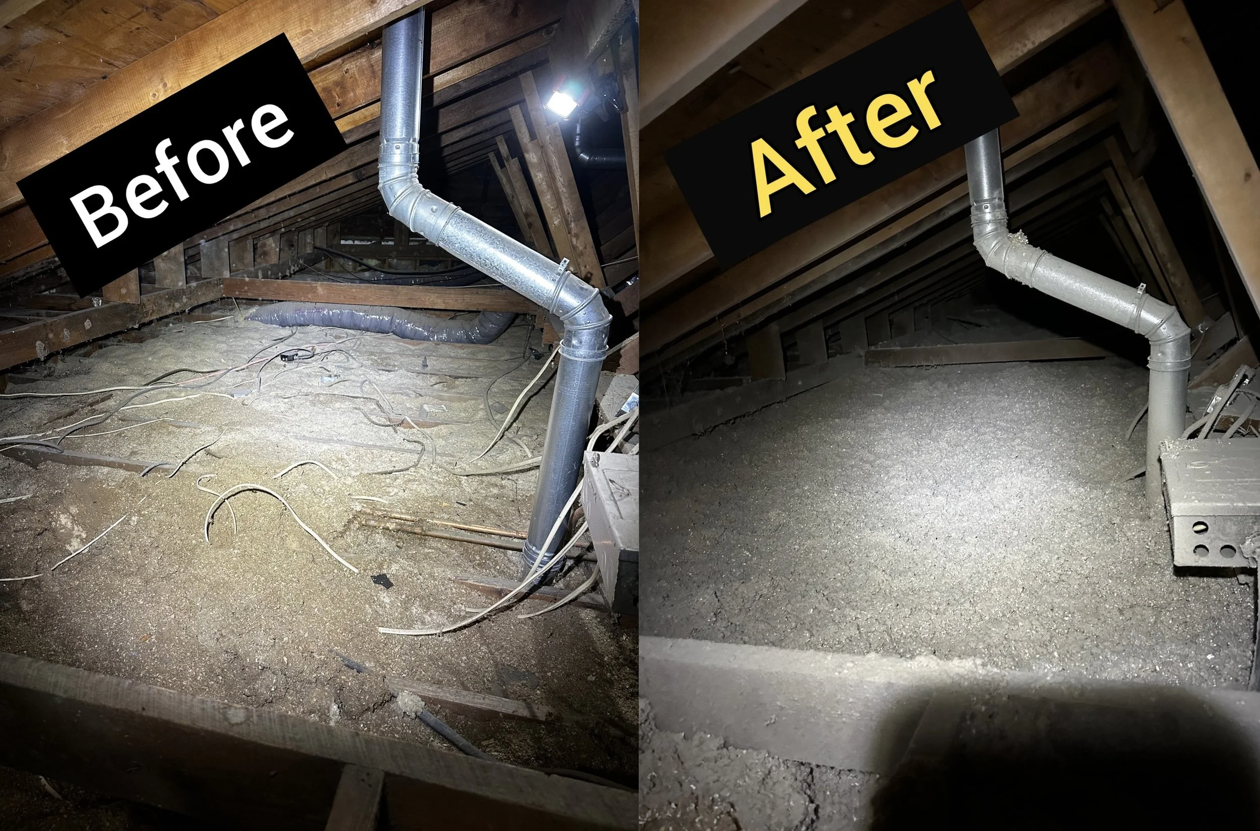 Comparison of an attic before and after cleaning and ventilation system upgrade, showing exposed insulation and wiring in the 'Before' section and a cleaner, more ventilated space in the 'After' section.
