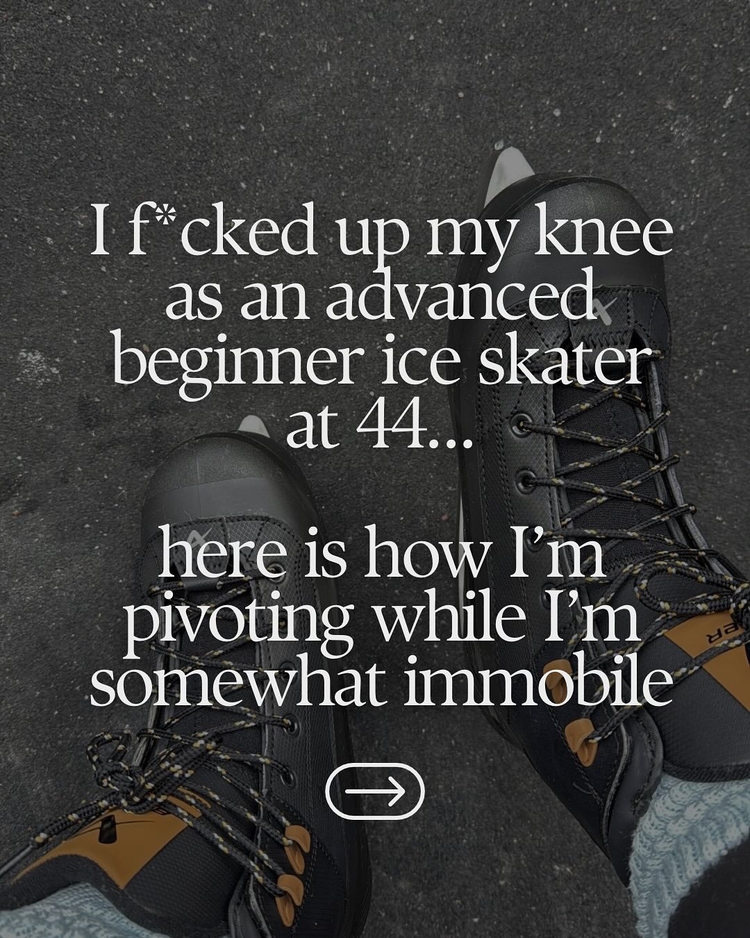 A minor, temporary inconvenience. ⁣
⁣
It was a silly accident. ⁣
45 minutes in to an hour of ice skating, and one blade hit a deep groove in the ice, as I caught my balance, the other skate clipped the first, and the next thing I knew, my knee was tw