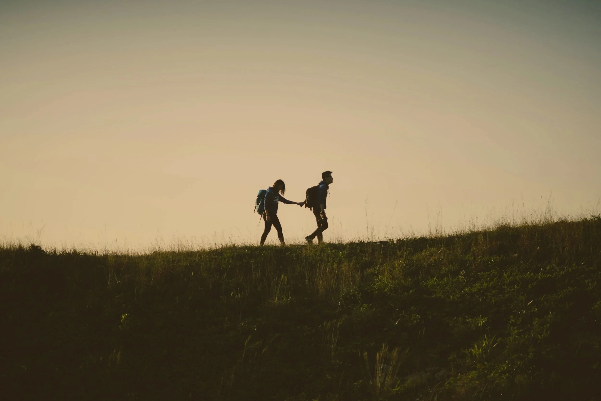 Silhouettes of two hikers walking up a grassy hill at sunset, one holding the other's hand . Couples therapy in Utah and Idaho