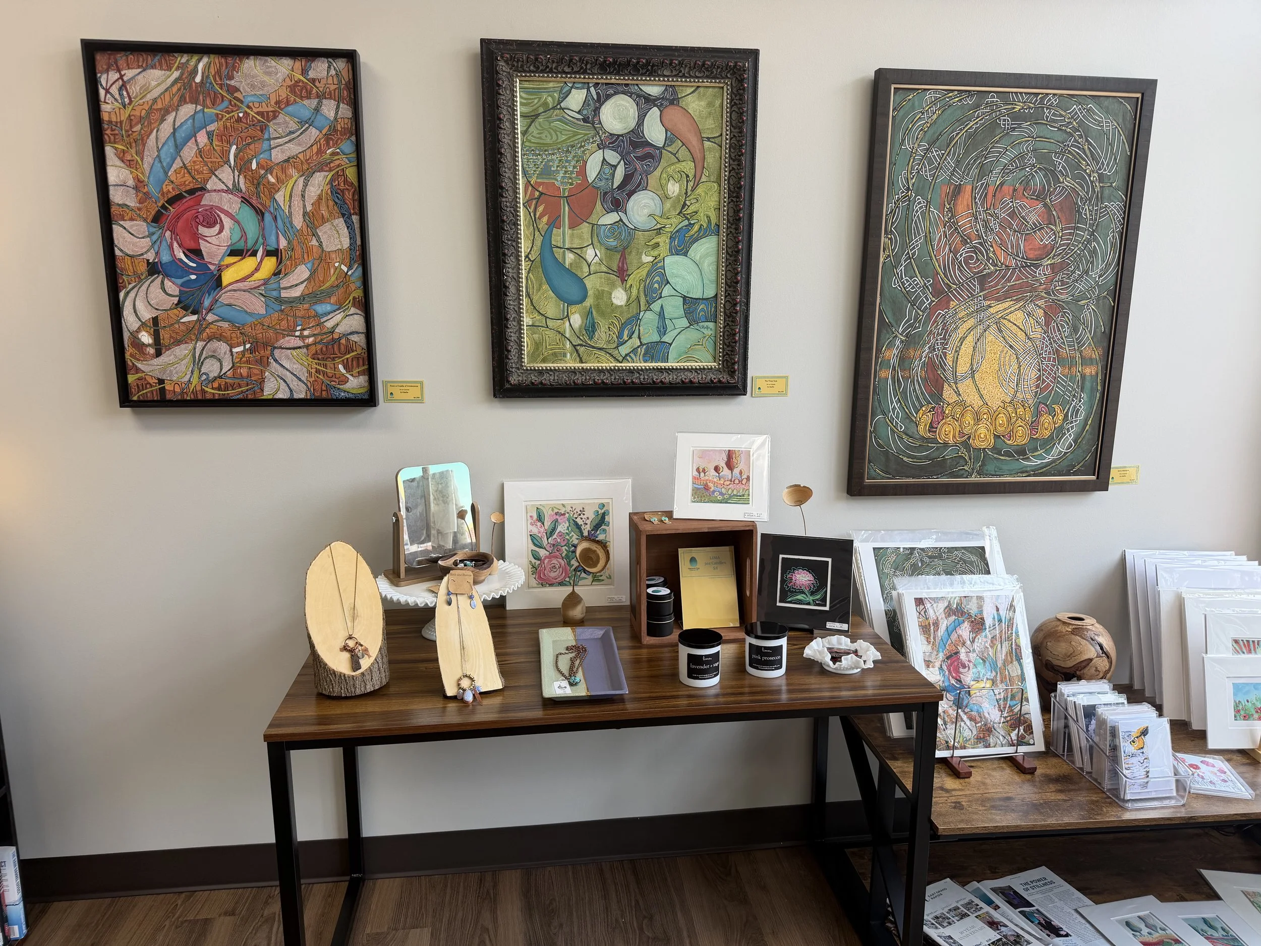 Framed art on walls, jewelry & stationary