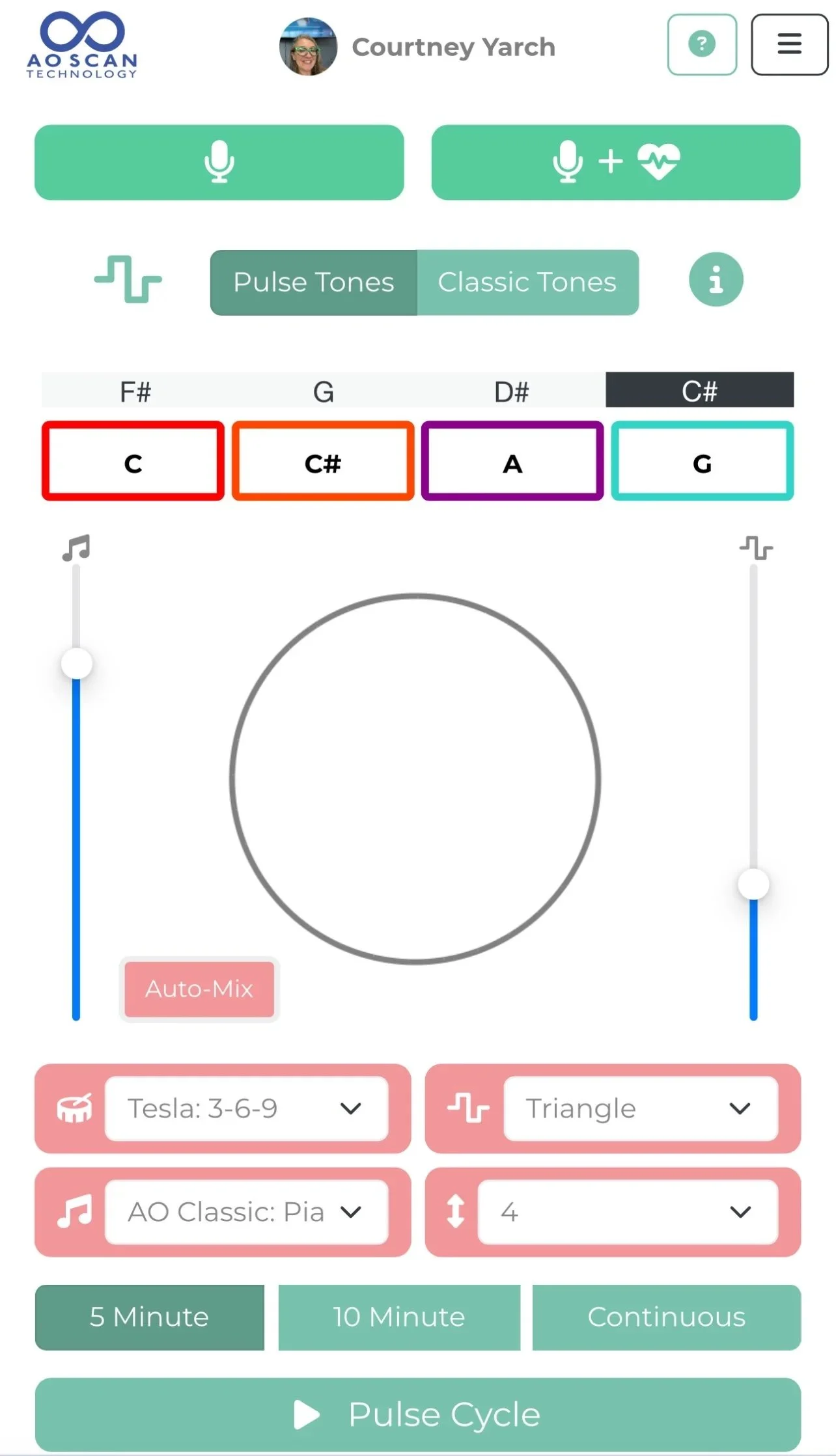 Screenshot of a music app interface showing chord options C, C#, A, G, and C# with various settings for creating a musical sequence.