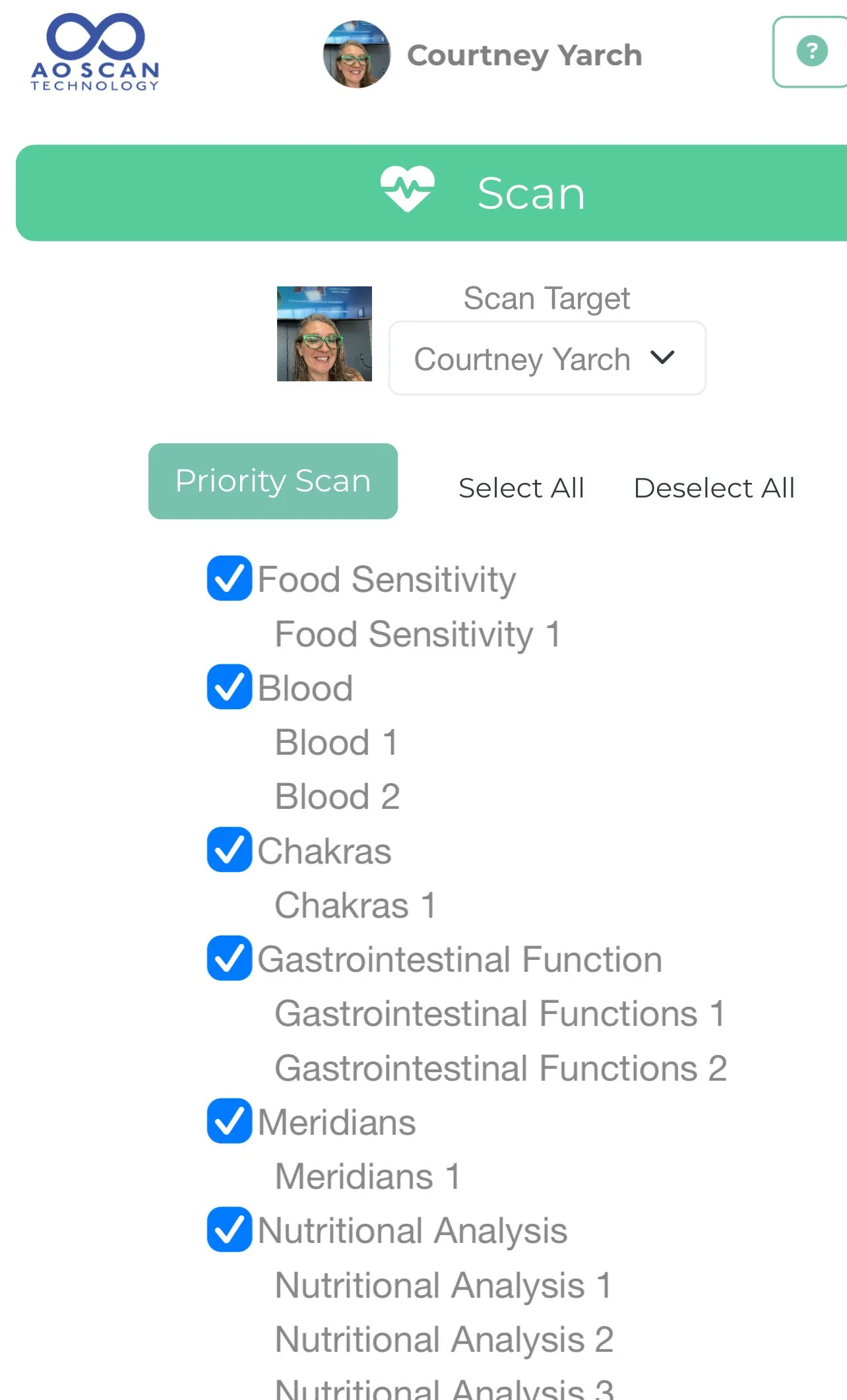 Screenshot of a health app interface with a person's profile photo, the name Courtney Yarch, and options for scanning and selecting health parameters like food sensitivity, blood, chakras, gastrointestinal function, meridians, and nutritional analysis.