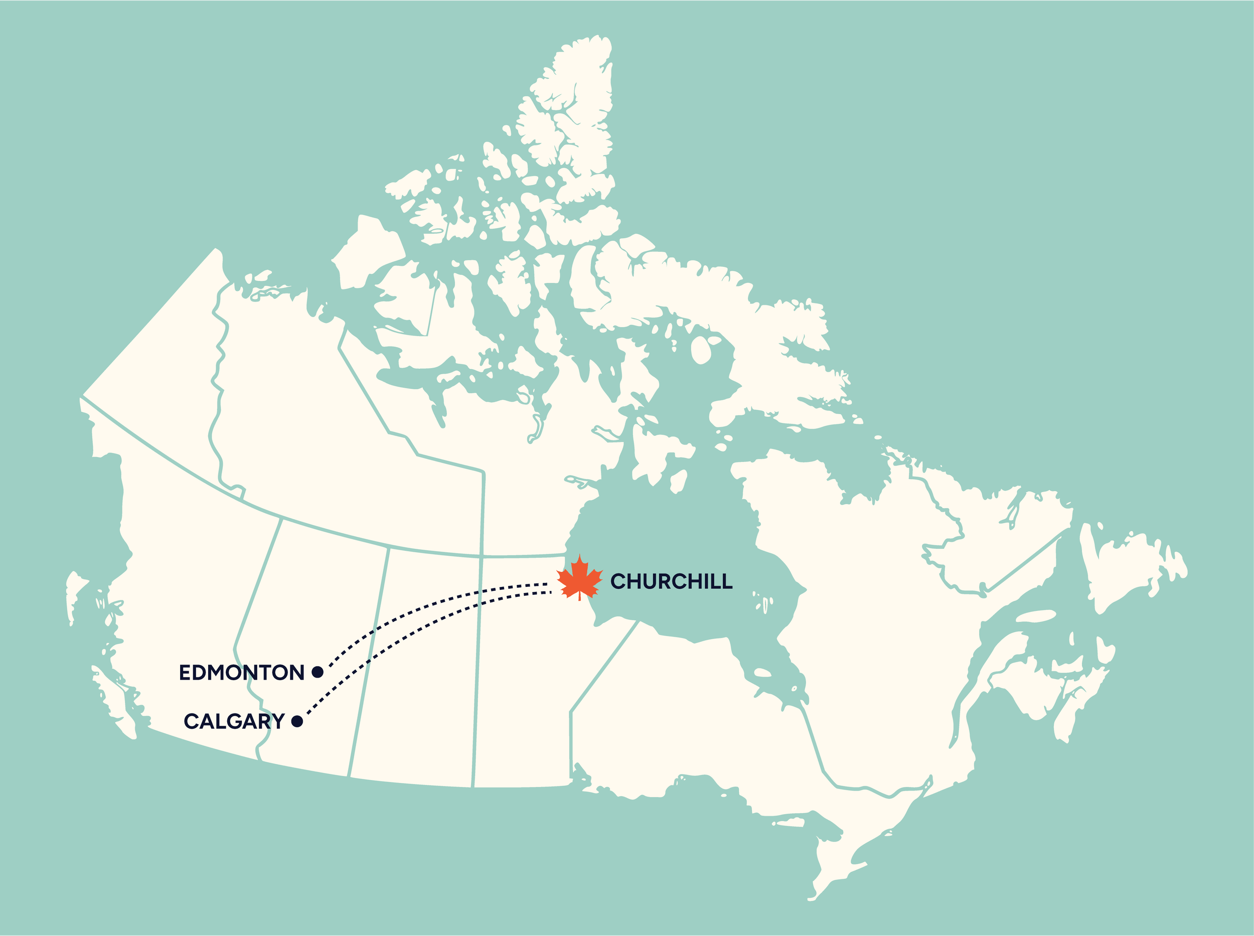 Map of Canada showing Edmonton and Calgary to Churchill