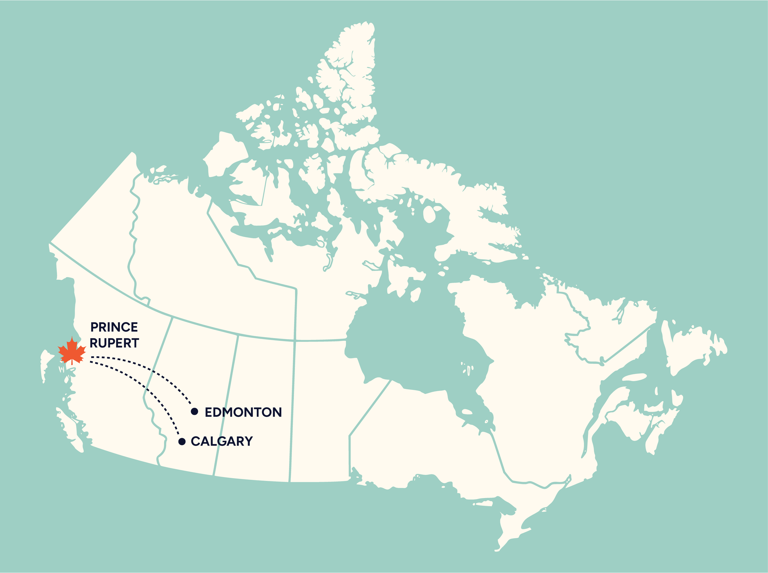 Canada map showing Edmonton and Calgary to Prince Rupert