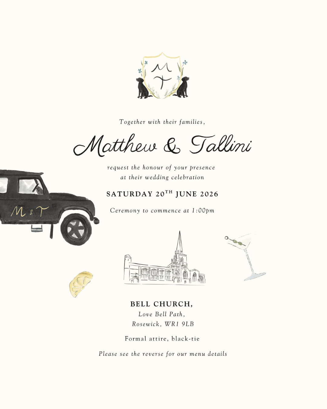 A bespoke hand drawn Cotswold countryside wedding invite featuring a bespoke watercolour drawing of their Land Rover and two black Labradors