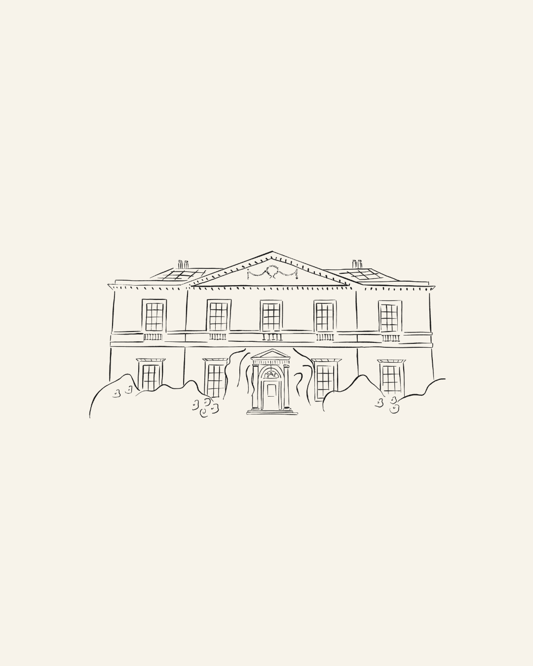 A loose whimsical line drawing of Middleton Lodge Wedding venue in Yorkshire for a Wedding invitation