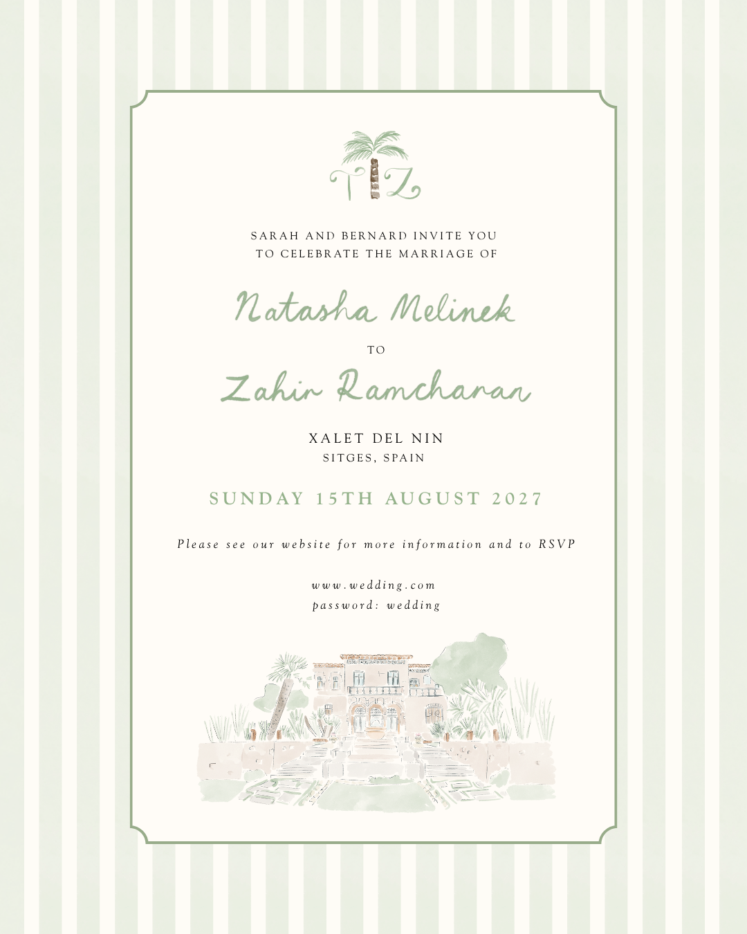 Bespoke illustrated wedding invitation featuring a venue in Spain and a bespoke palm tree couples logo
