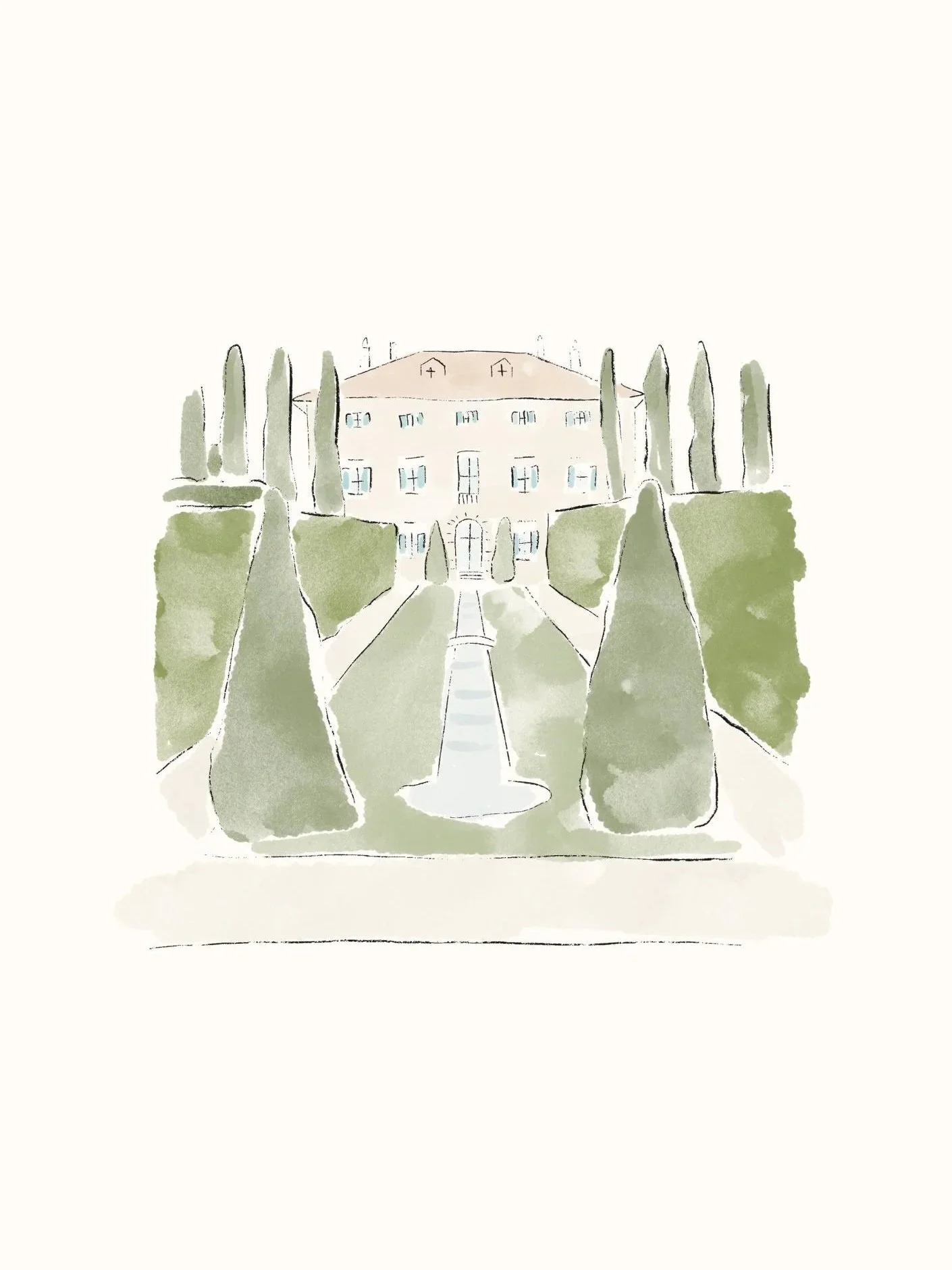 A bespoke watercolour illustration of a wedding venue in Italy for wedding stationery