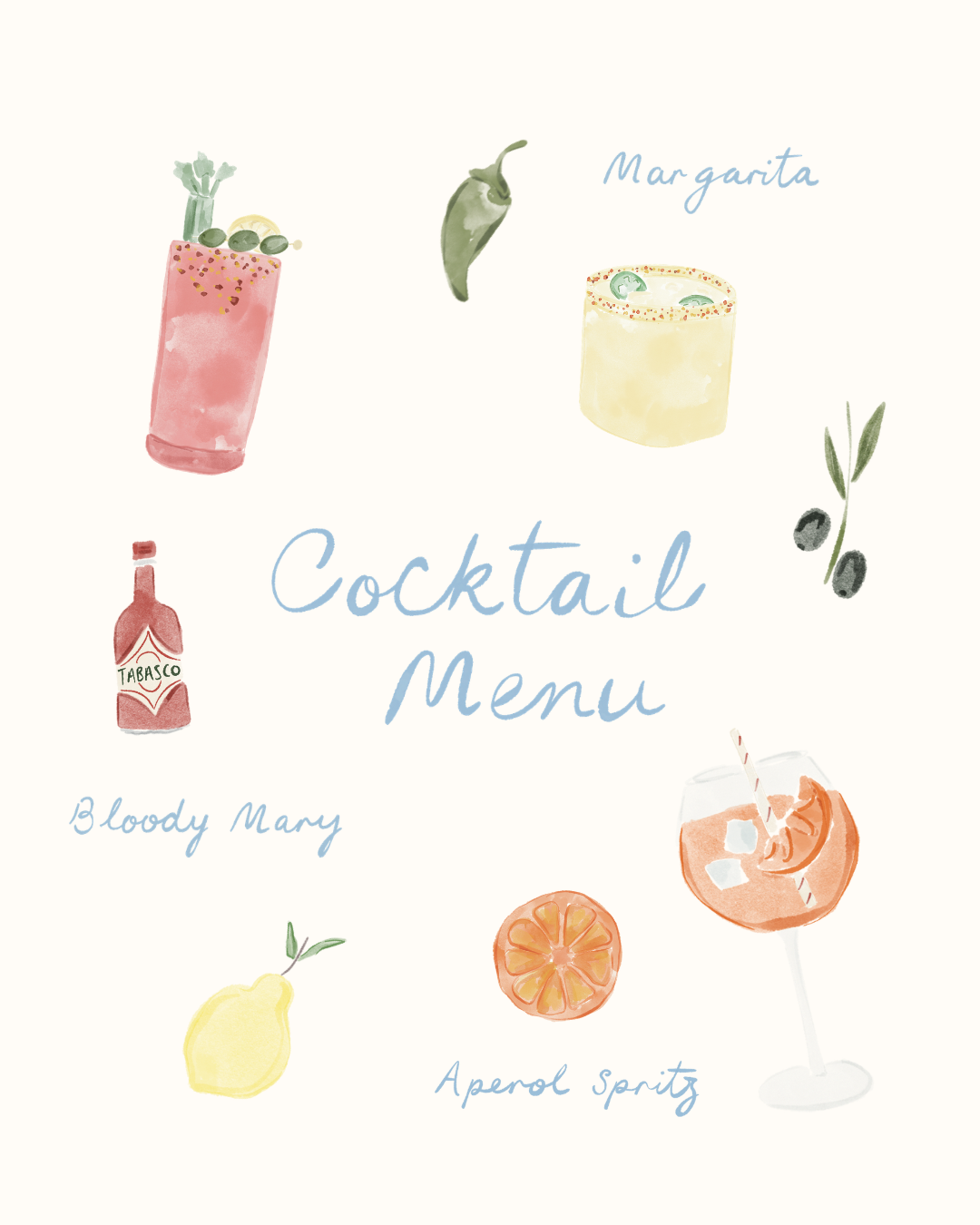 Bespoke watercolour illustrated cocktail menu for a wedding featuring a Spicy Marg, Aperol Spritz and Bloody Mary