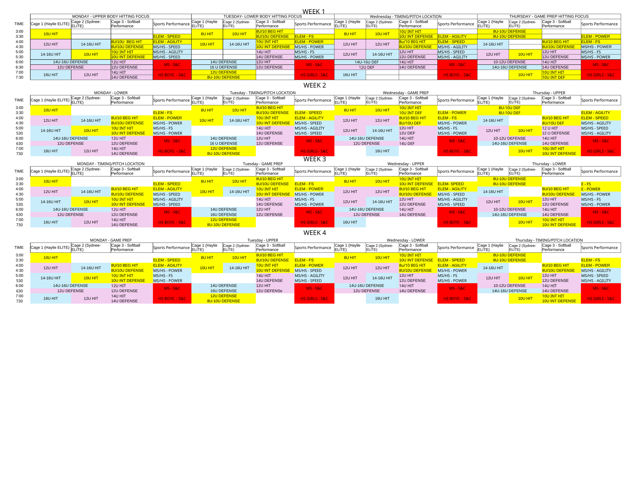 Schedule chart for weekly sports training sessions, including times, activities, and locations for different age groups.