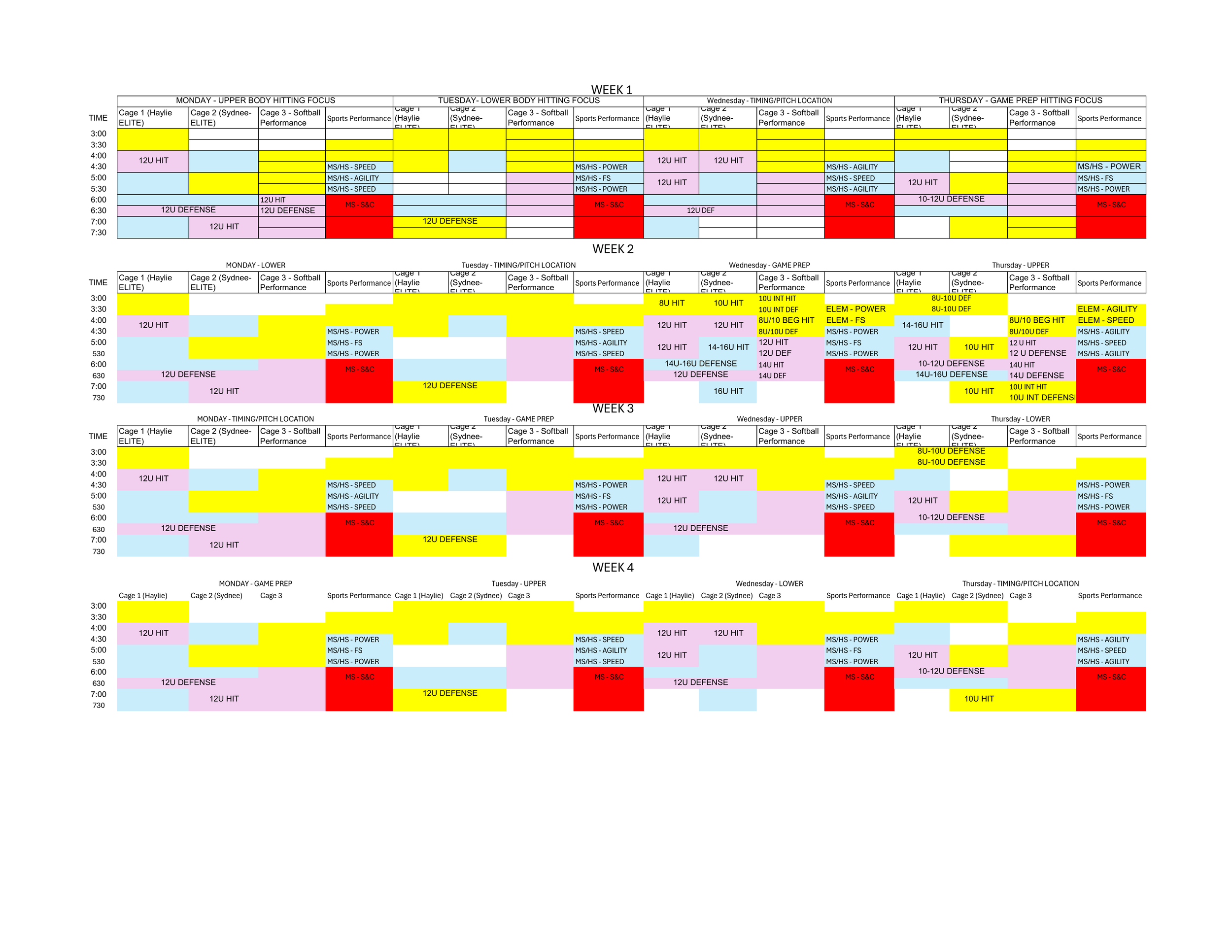 A detailed weekly training schedule grid for youth sports, with columns for different training days and rows for times, color-coded activities, and descriptions of exercises and drills.