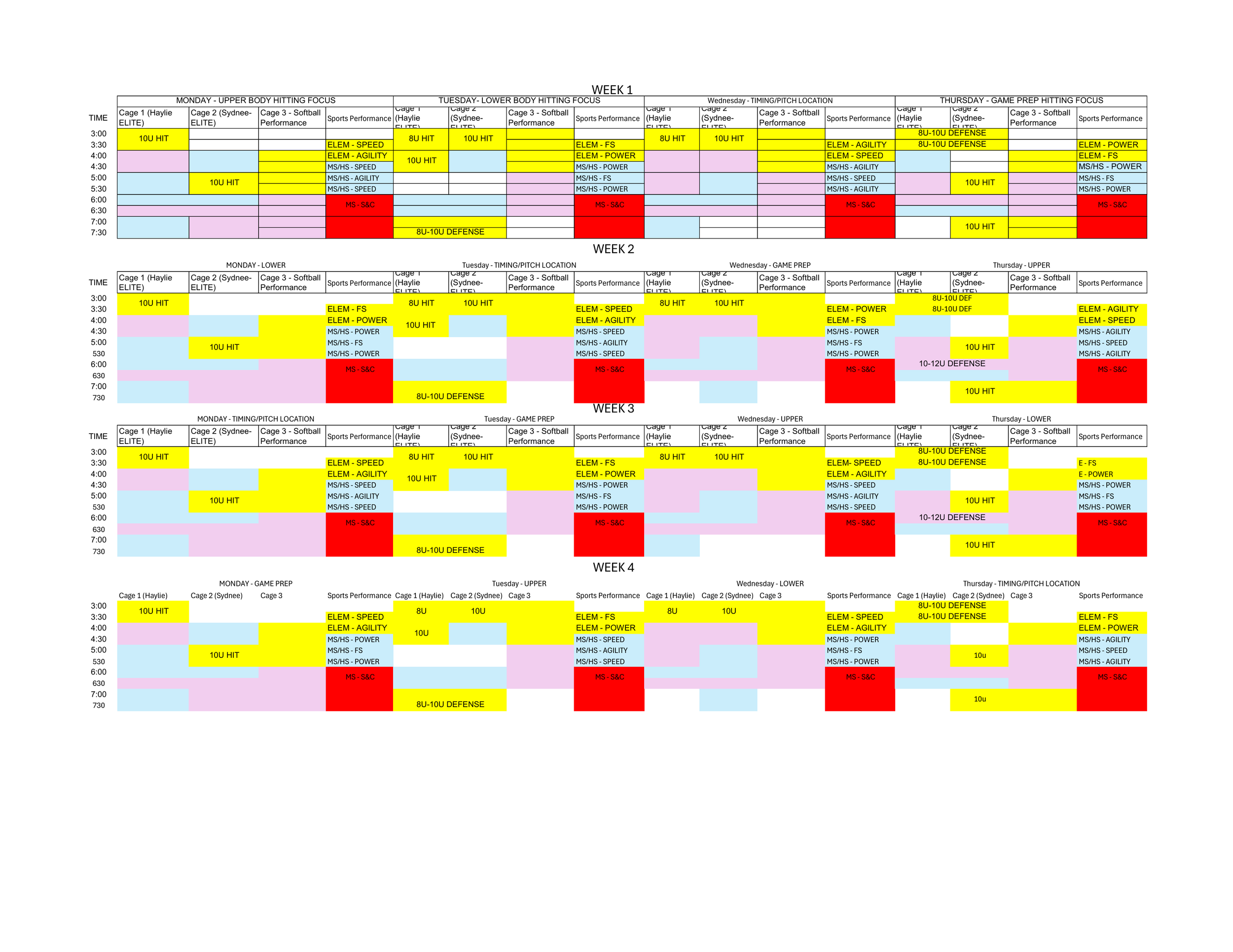 Weekly training schedule for an athlete, divided into four weeks, with different training activities scheduled throughout each day in a detailed timetable.