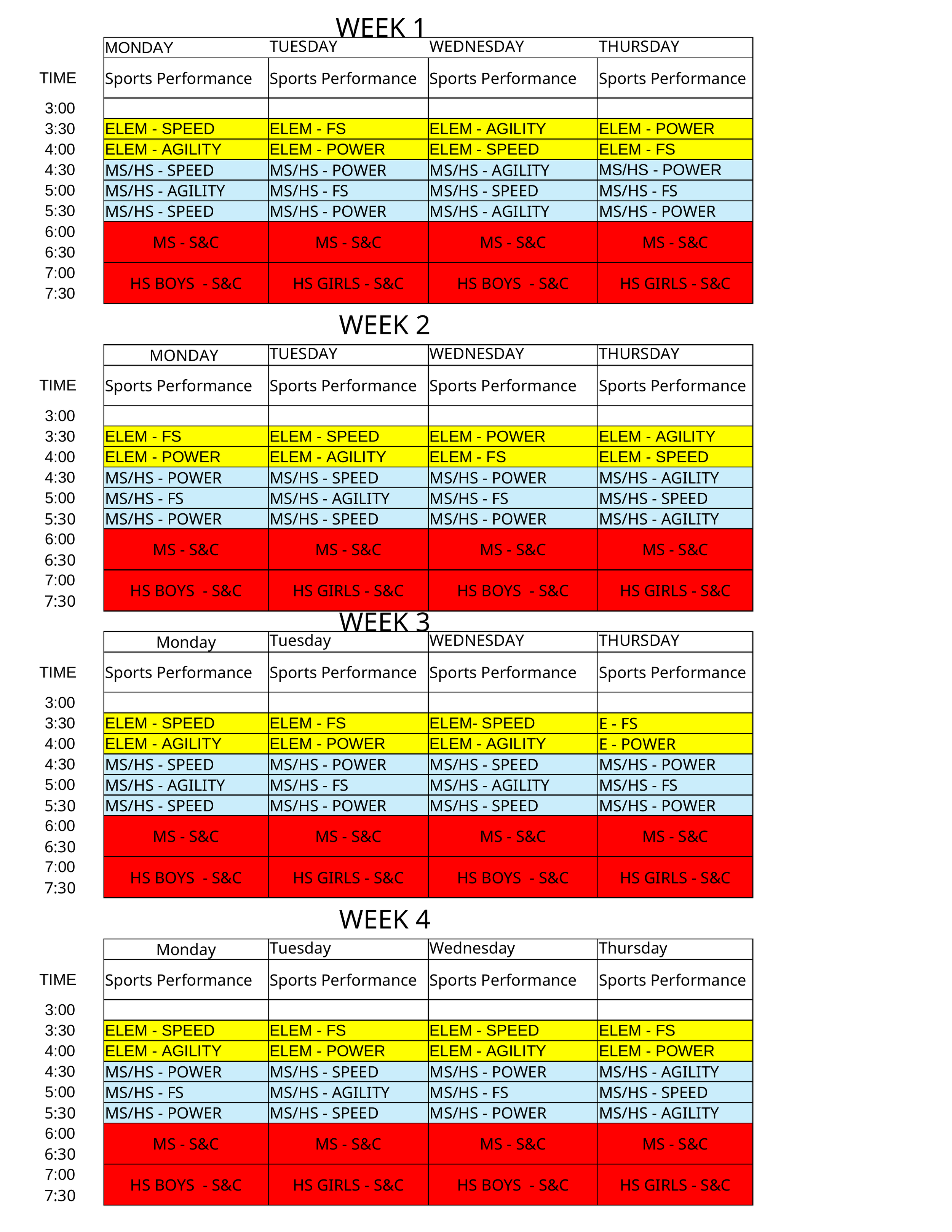 Weekly schedule grid for sports activities categorized by days and times, with color codes indicating different classes and teams for multiple weeks.