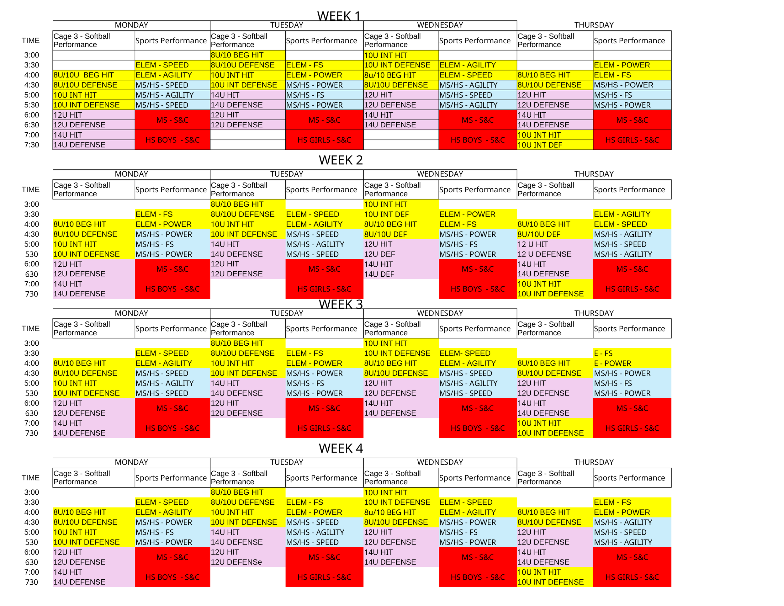 Weekly sports training schedule for softball team, divided into four weeks with activities in color-coded blocks based on days and times.