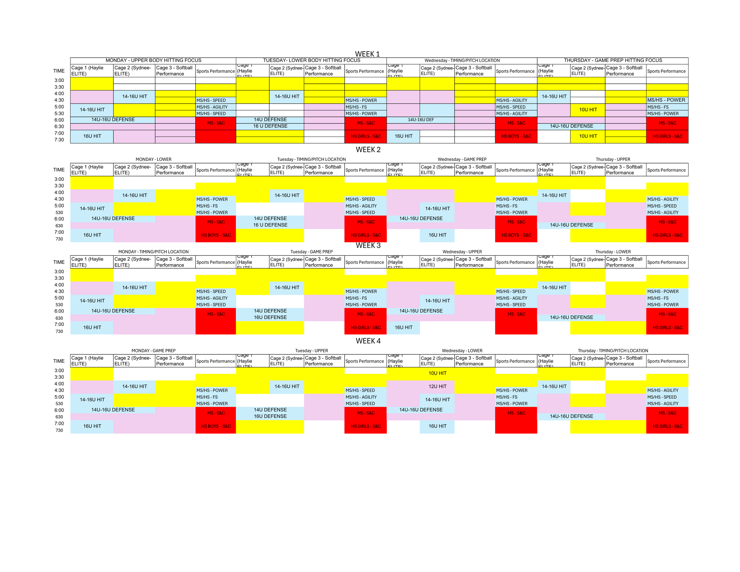 Weekly training schedule with color-coded blocks indicating different activities, times, and focus areas for a sports team.