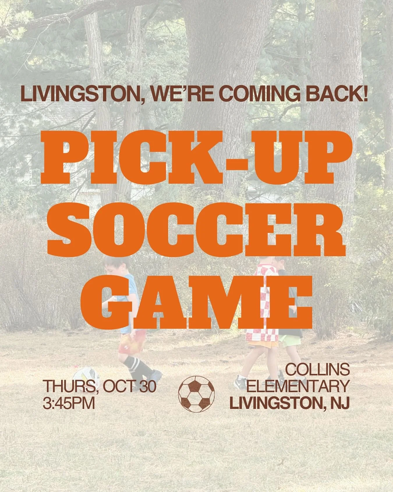 Tricks, treats, and soccer cleats! 👻⚽️ Livingston, we&rsquo;re back Thursday, Oct 30 for pick-up soccer (1st&ndash;5th graders). Let&rsquo;s kick off Halloween weekend the fun way!