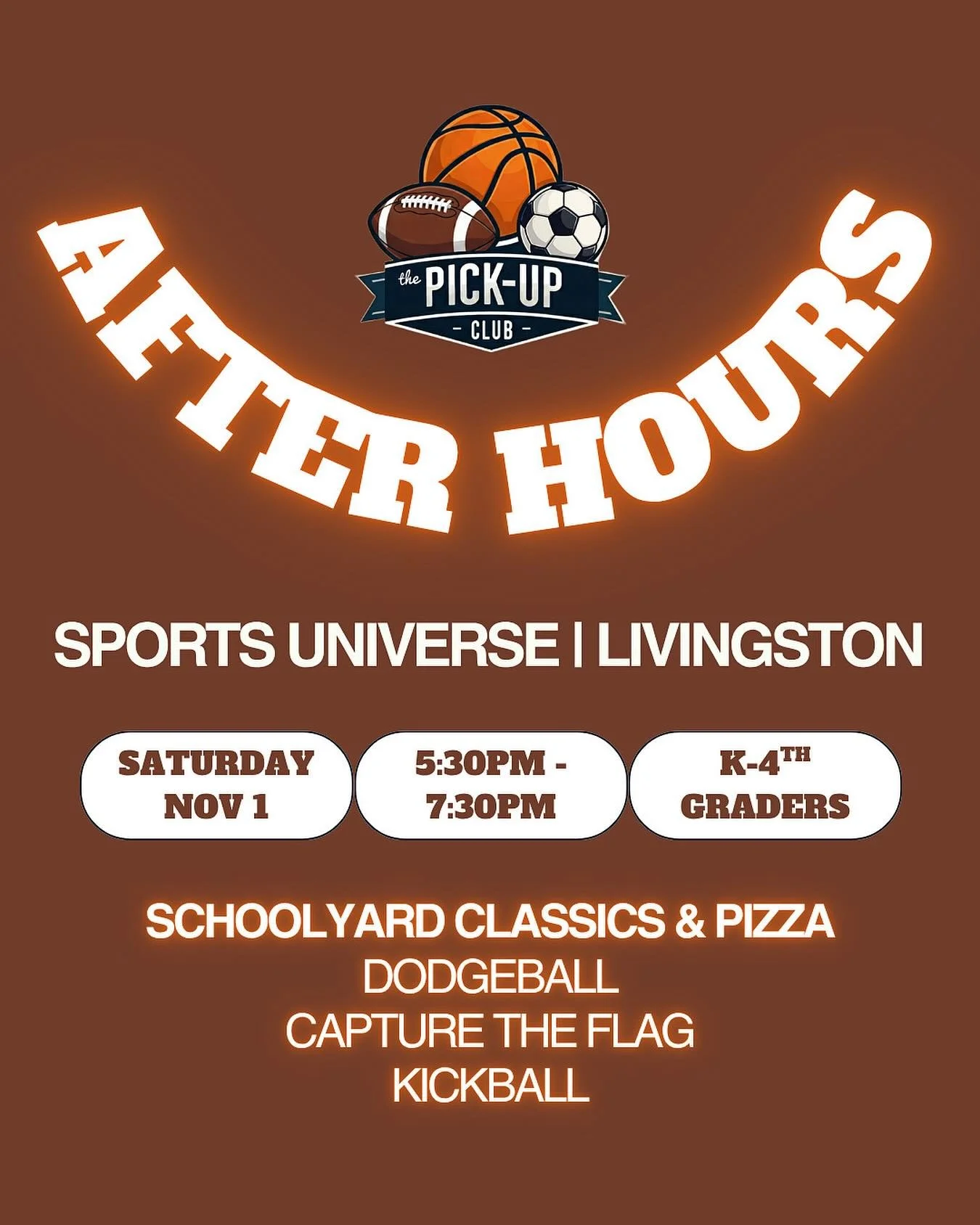 After Hours fun is BACK! 🌟 

Join us Saturday, Nov 1 from 5:30-7:30PM at Sports Universe (Livingston) for dodgeball, capture the flag, and kickball. K-4th graders, let&rsquo;s run it old school⚡️Link in bio to sign up!