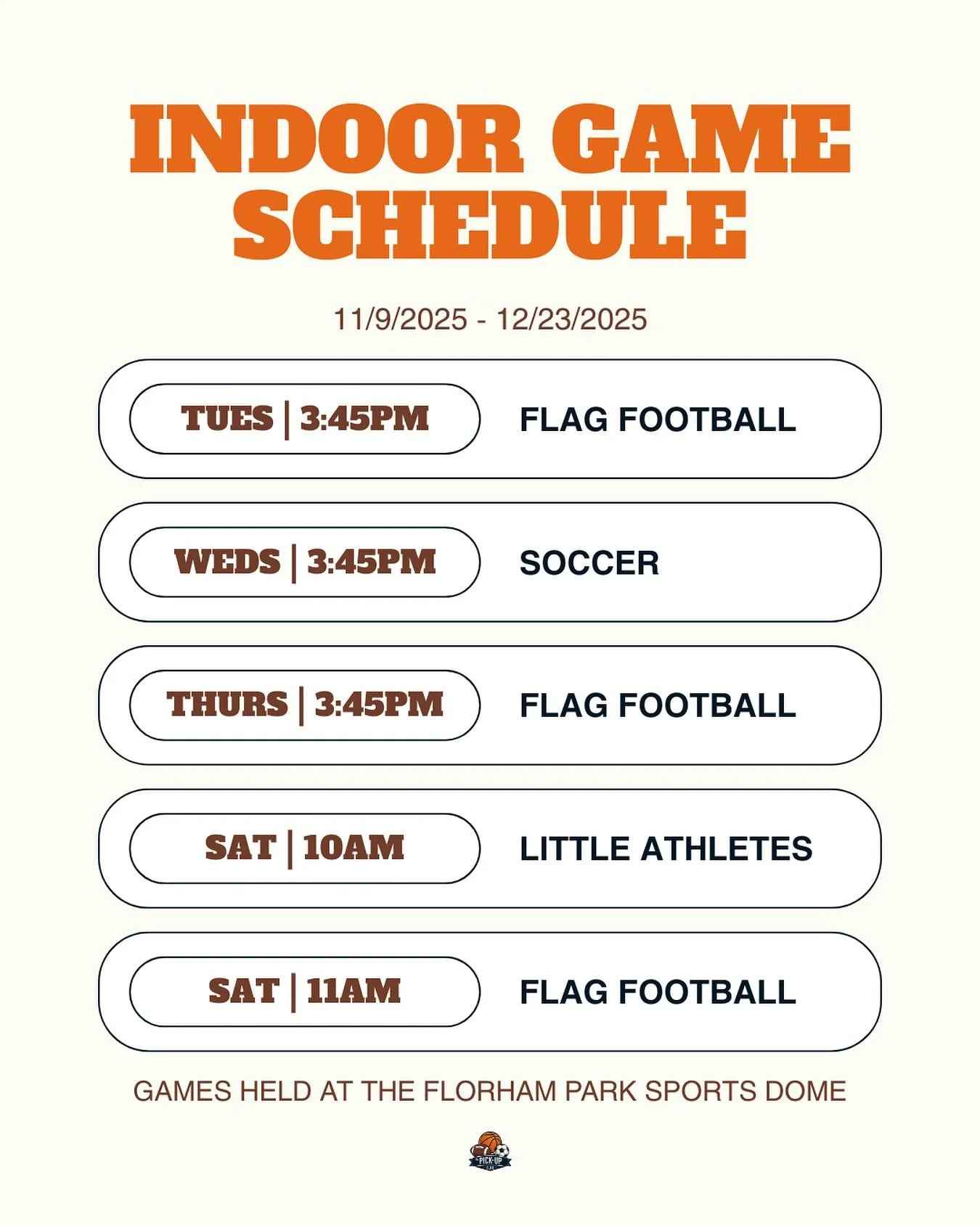 🔥 Weekly schedule update alert 🔥 

Starting 11/9, we&rsquo;re heading indoors for even more fun this fall. With the temps dropping and our pick-up community growing by the day, we&rsquo;re switching things up: all games are now open to K-4th grader