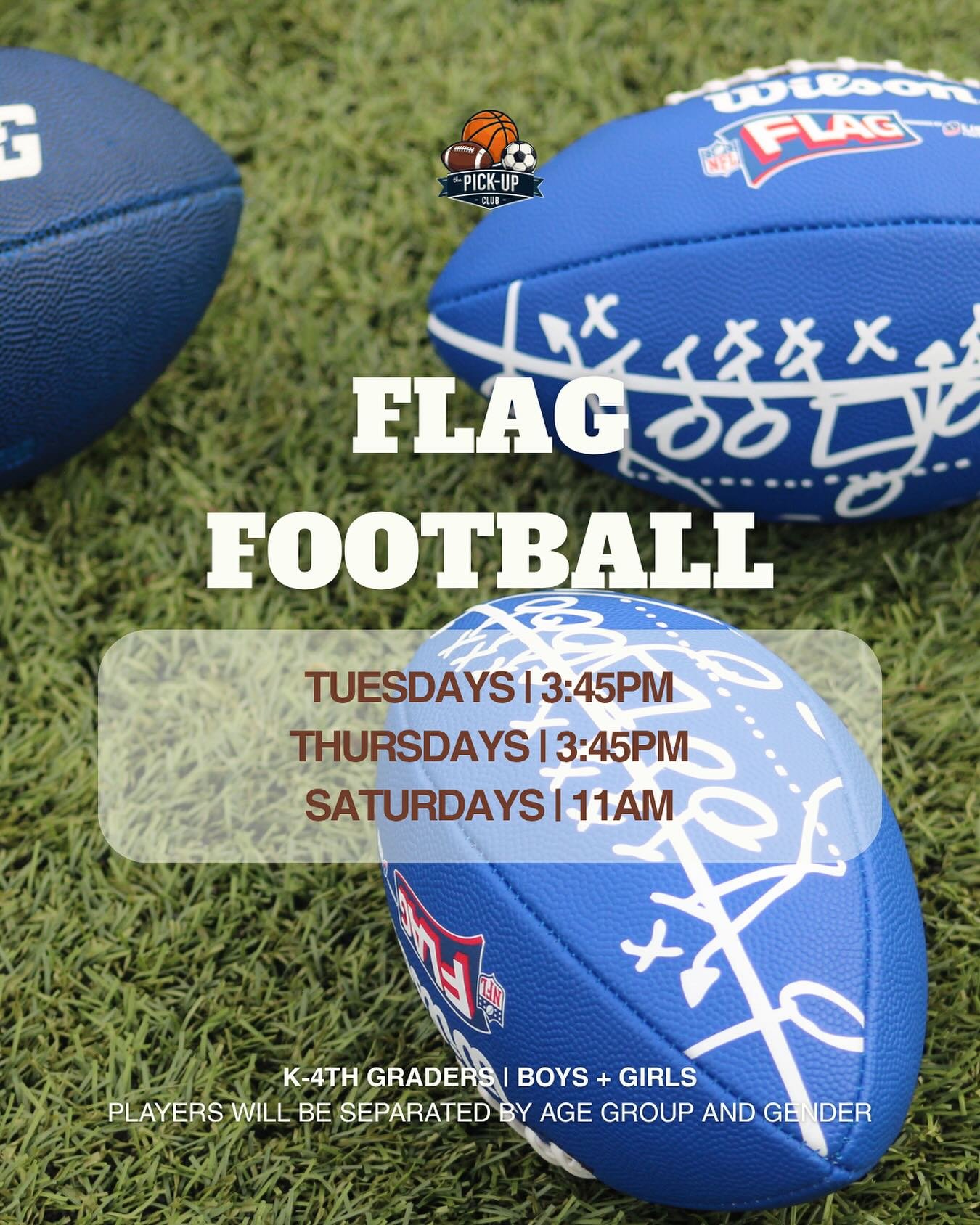 You read that right: 3 flag football games a week this fall! 🏈 

All indoors, all fun, and open to K-4th graders (boys + girls). Players will be divided by age and gender. Link in our bio to join in on the fun!