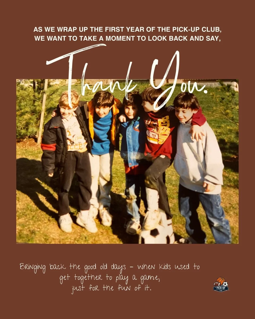 ONE YEAR of The Pick-Up Club 🎉

From day one, our goal was simple: get kids moving and bring back the magic of no-pressure play.

One year later, we&rsquo;re so grateful for every kid, parent, and supporter who&rsquo;s been part of this journey. A f