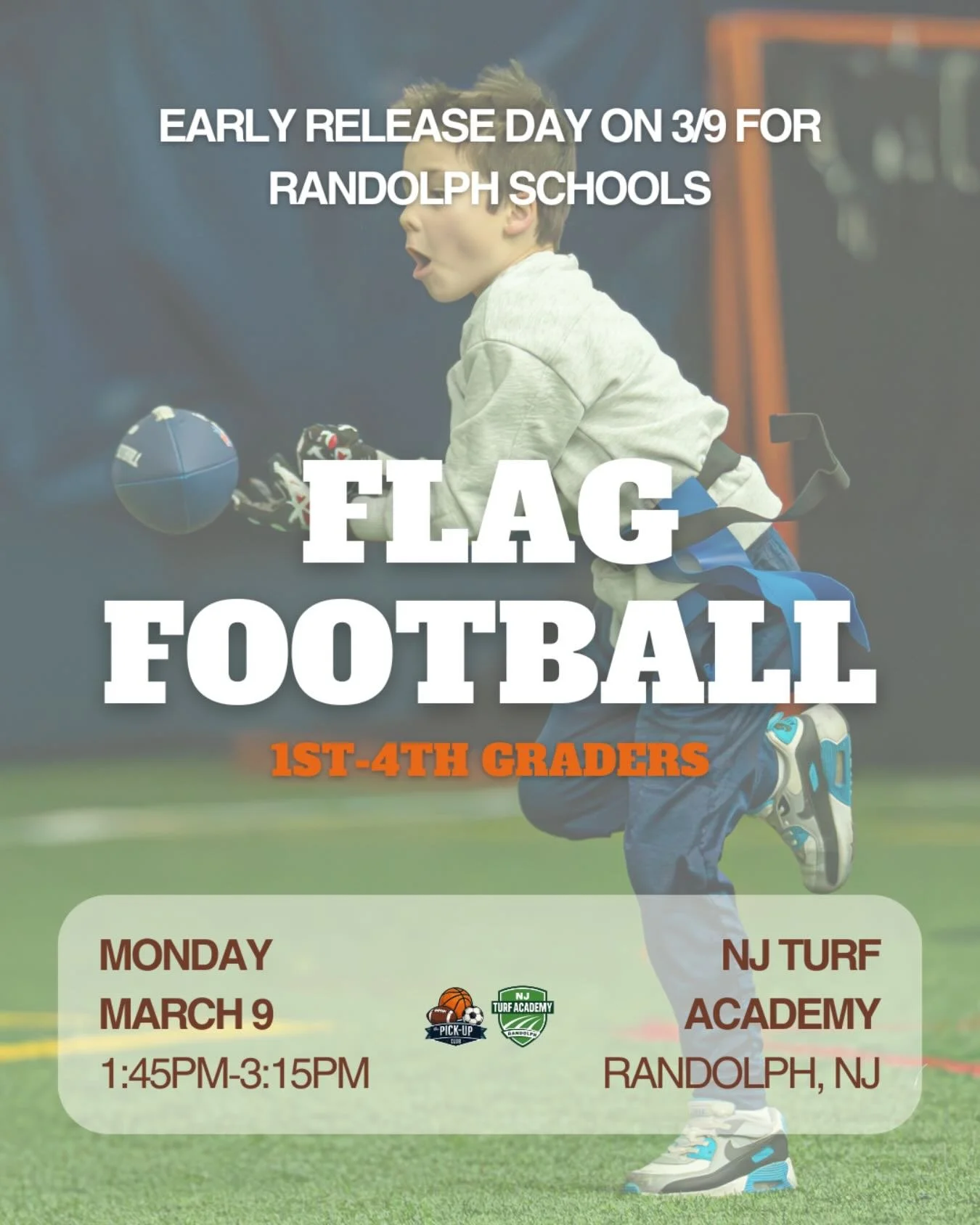 Half day of school = GAME DAY! 🏈

Randolph: Join The Pick-Up Club on Monday, March 9th for a Flag Football Tournament at our new second home: NJ Turf Academy in Randolph, NJ!

Open to 1st-4th graders. Bring the energy, we&rsquo;ll handle the fun.💥
