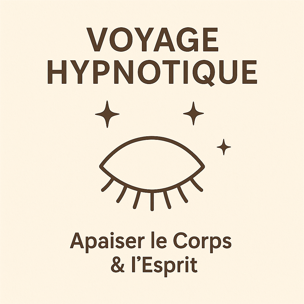 Texte en français disant "Voyage Hypnotique" avec une illustration d'un œil et des étoiles, suivi du texte "Apaiser le Corps & l'Esprit".