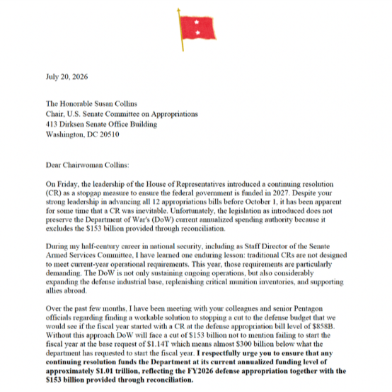 Major General Arnold Punaro, USMC (Ret.) Urges Congress to Fund Defense at $1.01 Trillion in FY2027 CR: