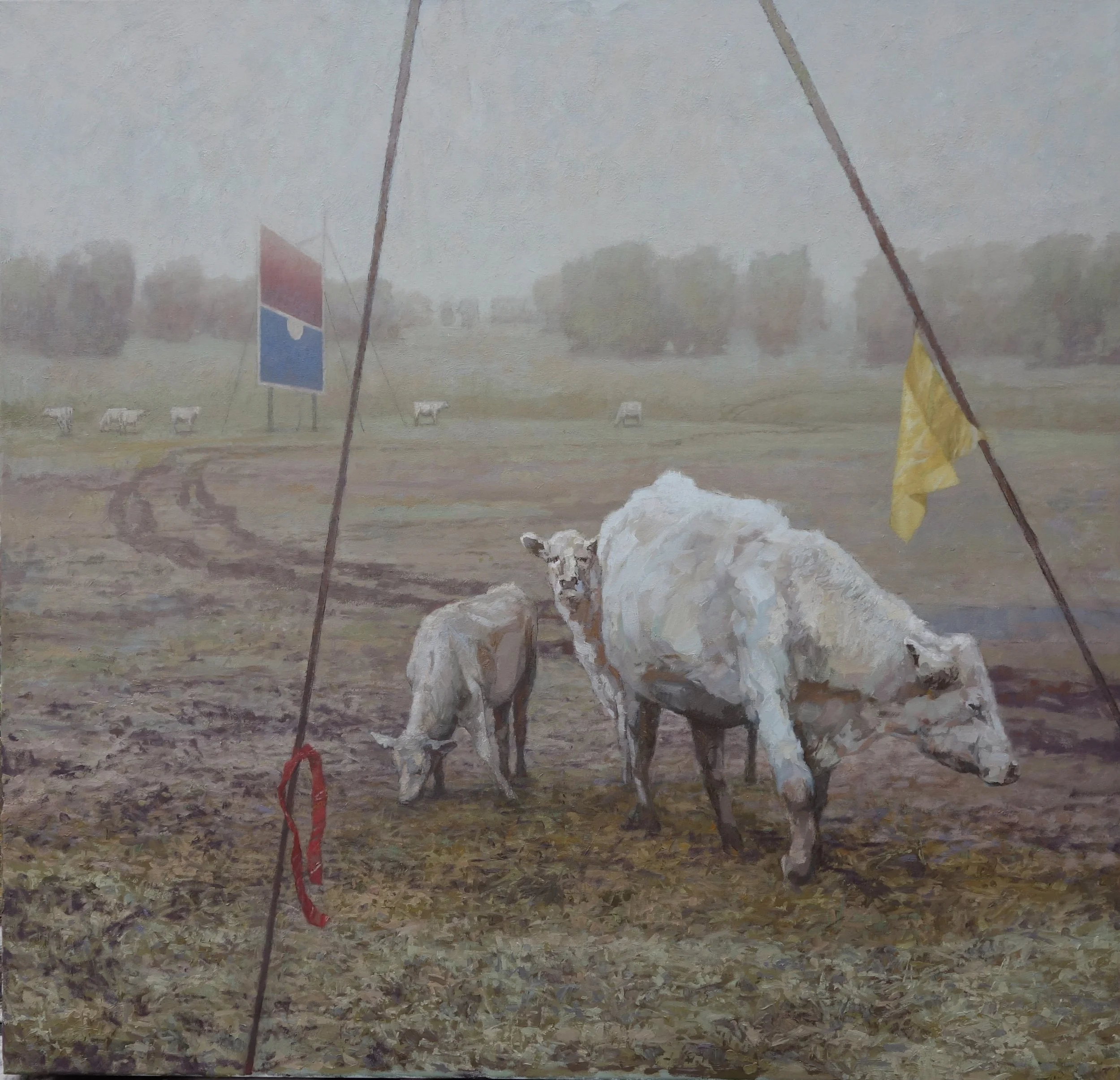 White Cow with Yellow Flag
