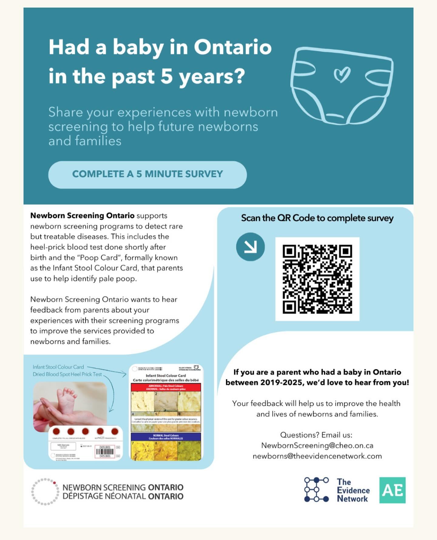 👶🏼About the Newborn Screening Ontario Parent Survey🤰🏼🤰🏾
 
Newborn Screening Ontario supports newborn screening programs across the province to detect rare but treatable diseases. This includes the heel-prick blood test done shortly after birth 