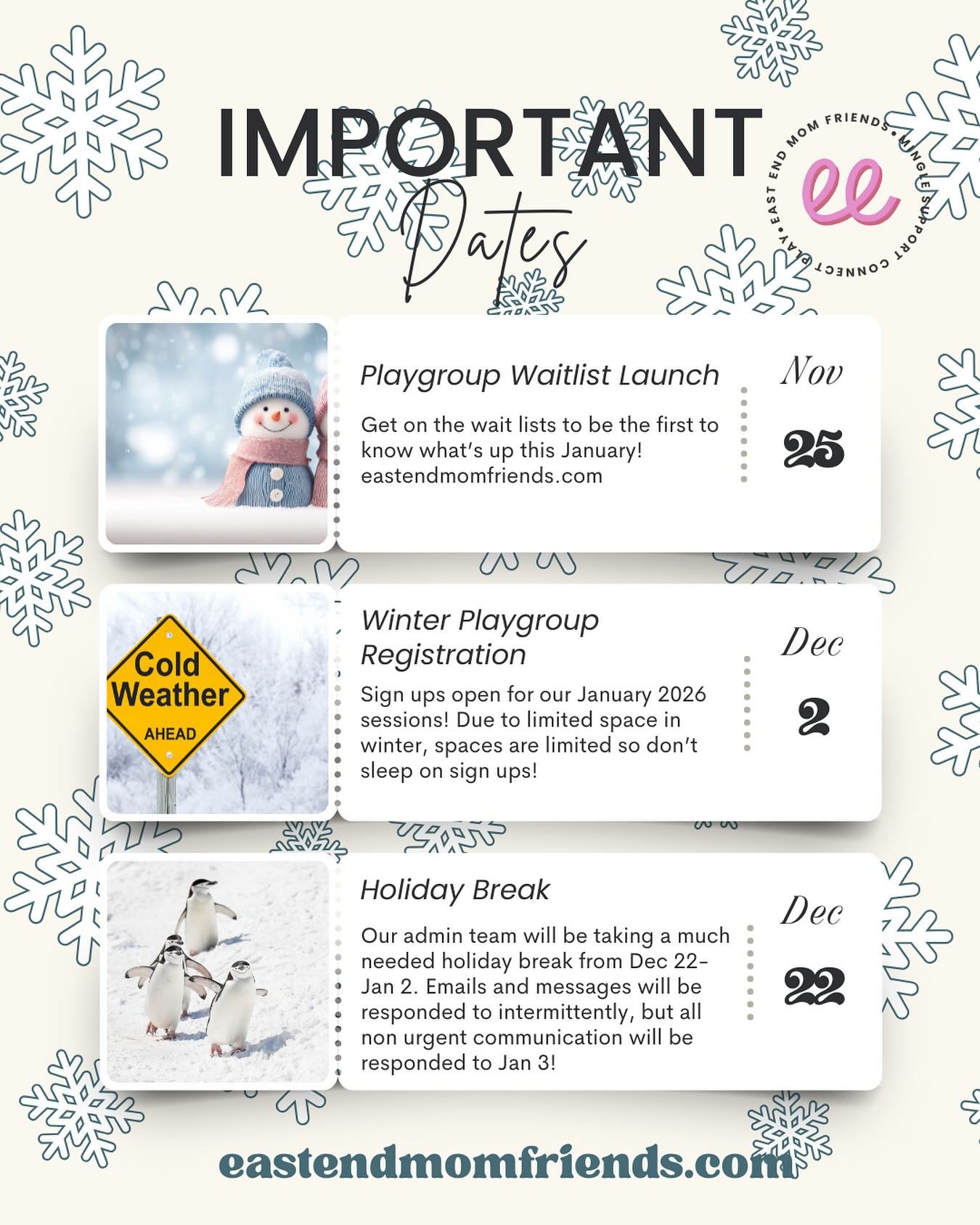 Hey East End parents &mdash; exciting updates ahead!
💛 Nov 15: Join the playgroup waitlist (so we can make room for you in January!)
💛 Dec 2: Registration goes live
💛 Dec 22&ndash;Jan 2: Admin holiday break
Can&rsquo;t wait to welcome new little f
