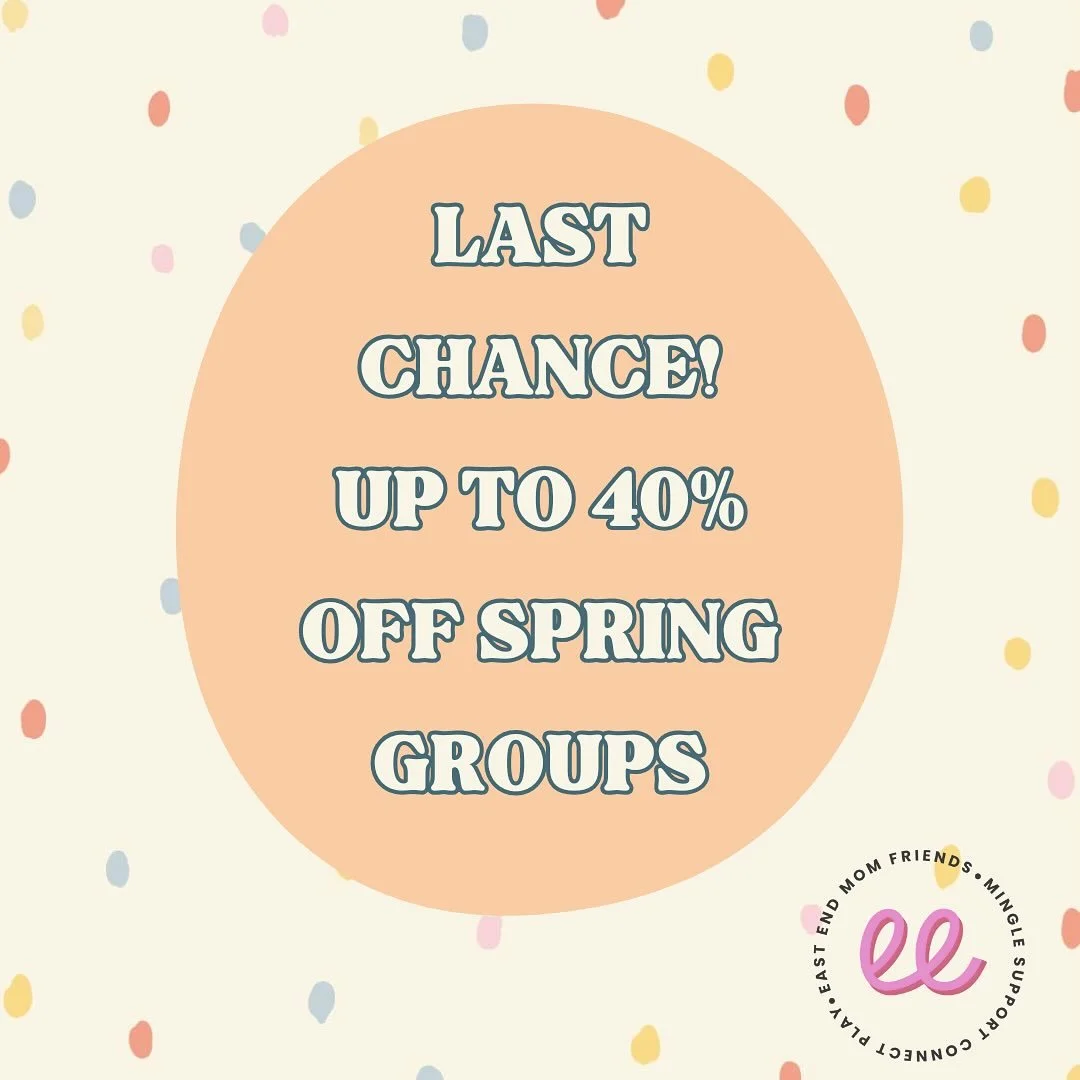 Parenting pals! If you missed out during the first rush of March April playgroup registration, this is your sign to check again at EastEndMomFriends.com/join! 

We have a handful of groups currently on sale and they are such good ones 😍

The best pa