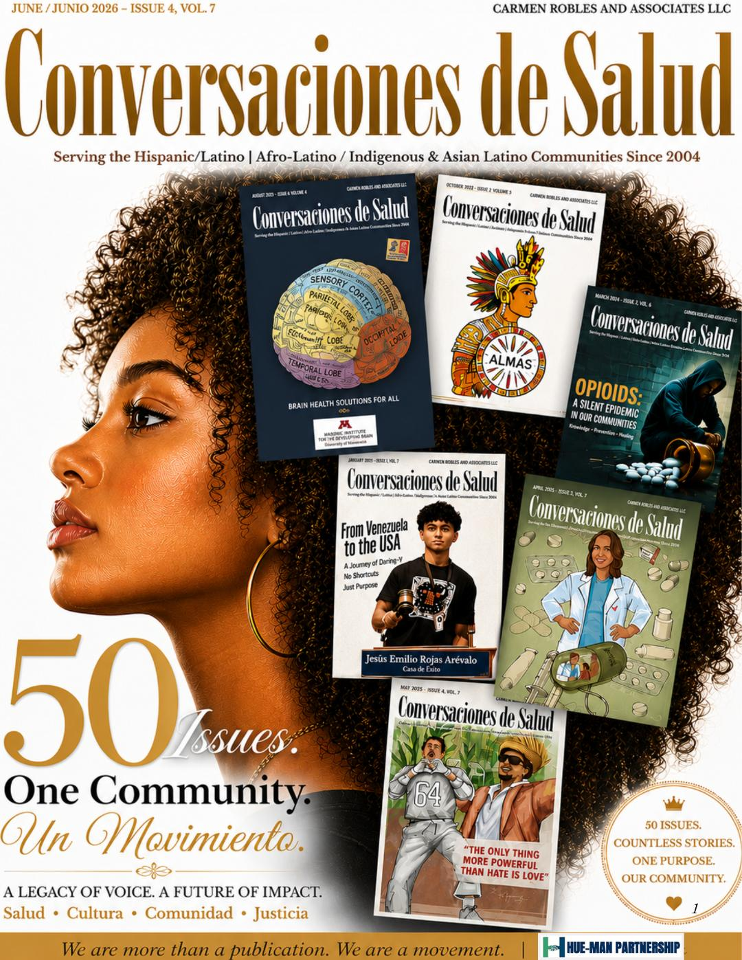 A collection of digital magazine covers from 'Conversaciones de Salud,' featuring various themes and topics, including research, community hope, holiday greetings, cultural heritage, youth news, and special observances.
