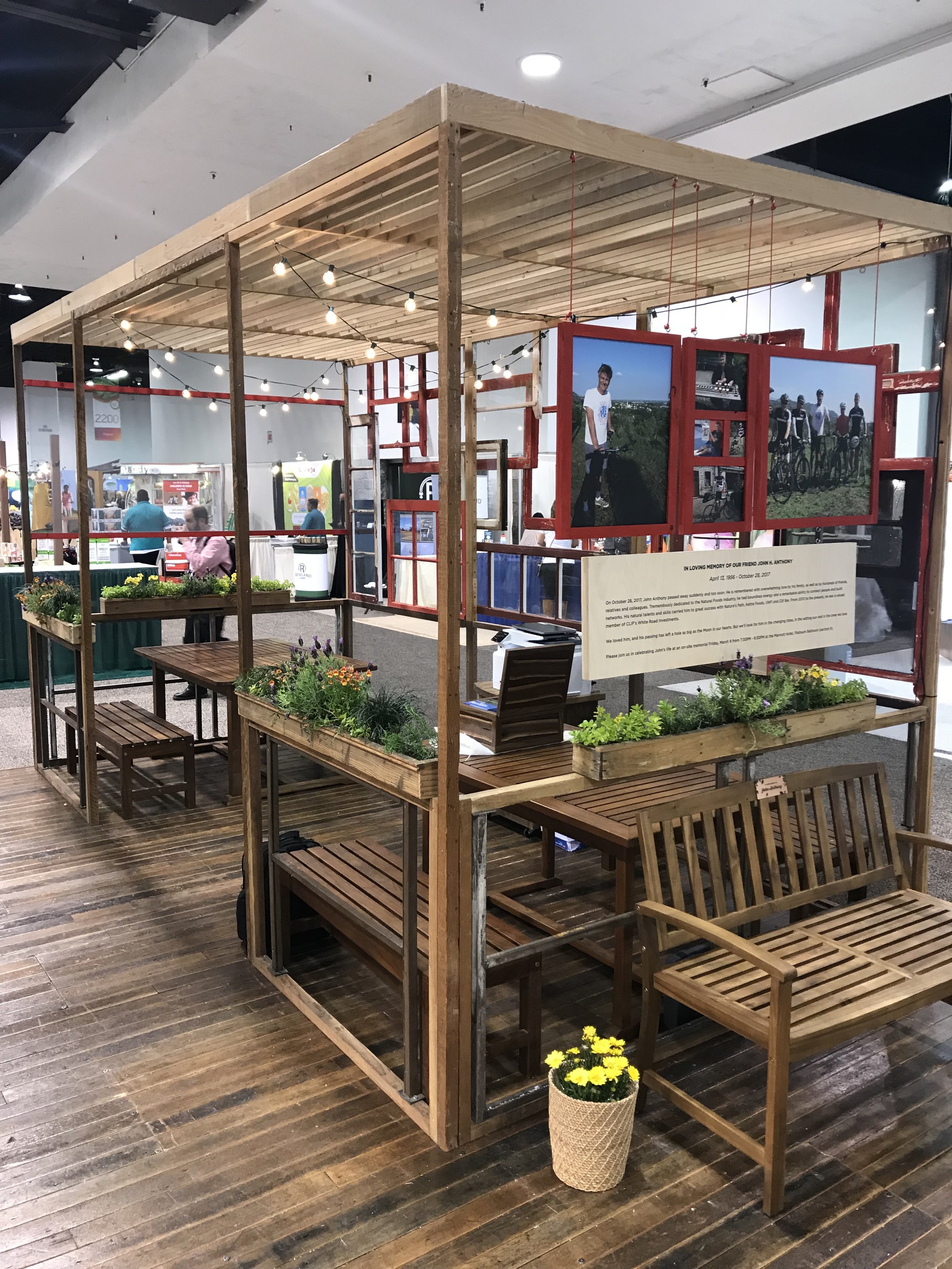 Clif 'Cafe' Meeting Space with memorial bench and placards