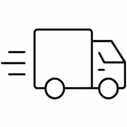 Line drawing of a moving delivery truck with motion lines.