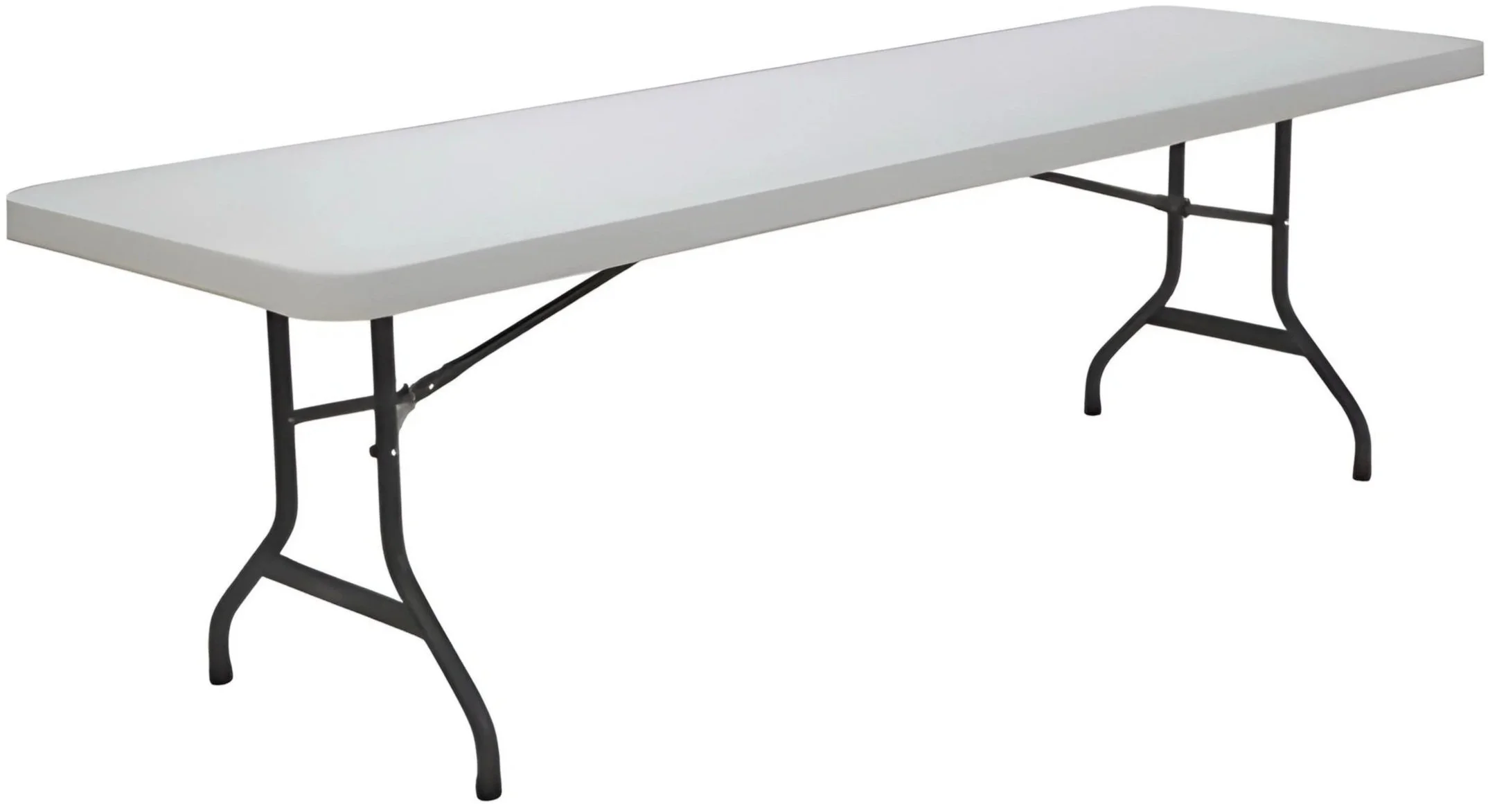 A white rectangular folding table with black metal legs.