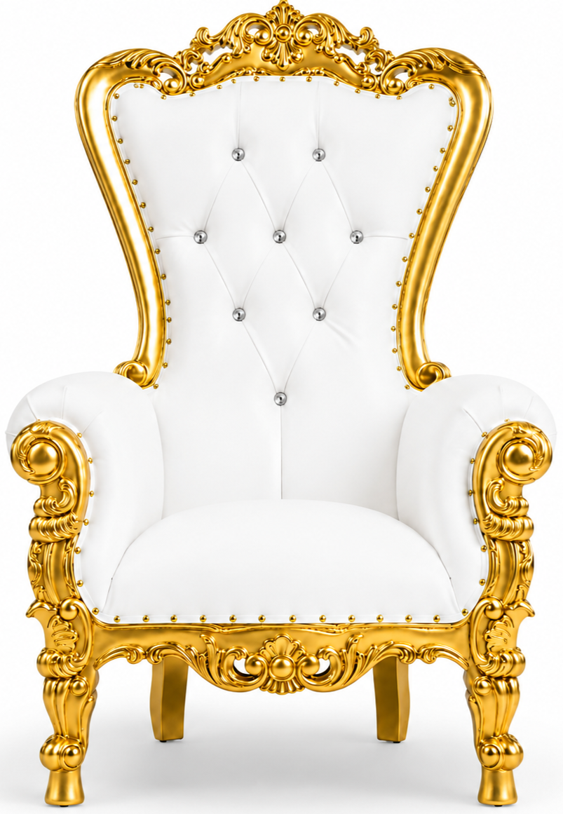 An ornate throne chair with a high back, upholstered in white fabric, featuring intricate gold carvings on the frame and legs, and decorative buttons.