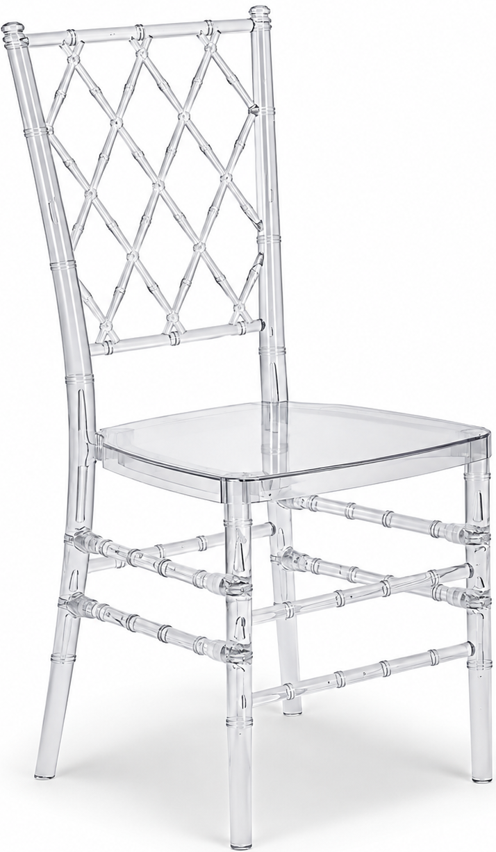 A transparent, clear acrylic or plastic chair with a decorative diamond-patterned backrest.