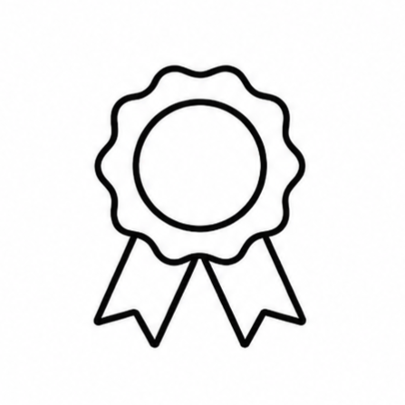 Line drawing of a medal or award ribbon with a circular center and two ribbon tails.