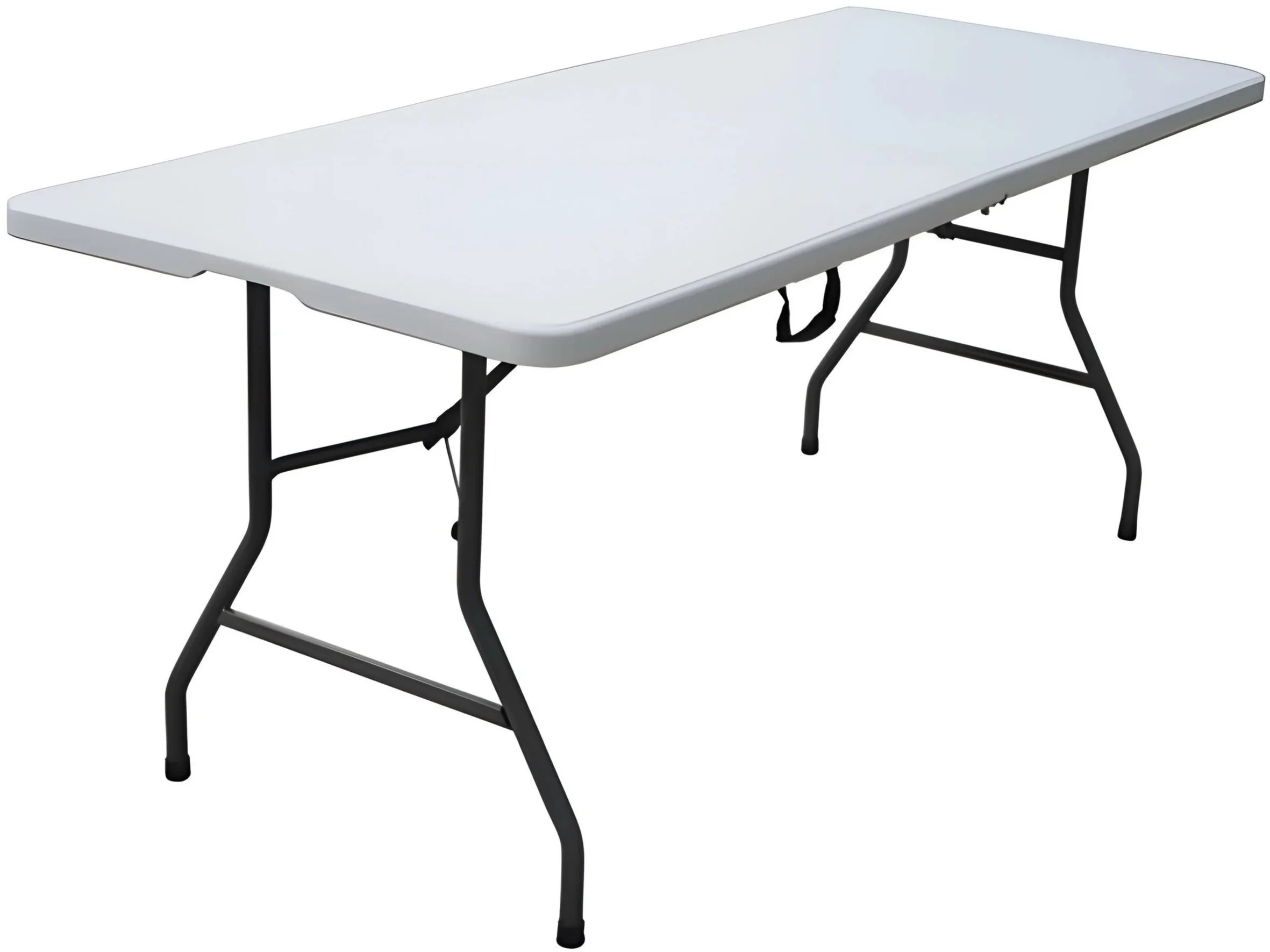 A white folding table with black metal legs.
