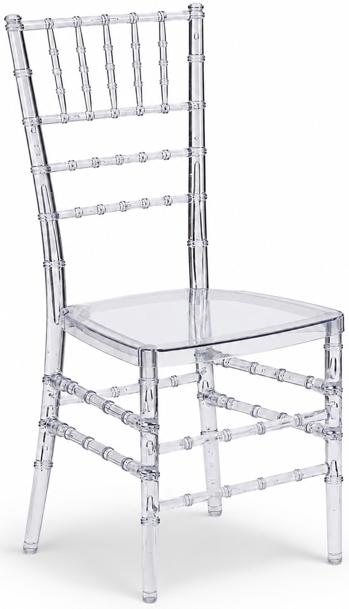 A clear, transparent acrylic chair with a decorative, spindle backrest and four legs.