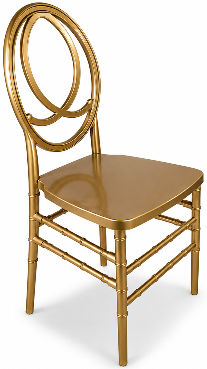 Golden chair with a decorative backrest and a solid seat against a white background.