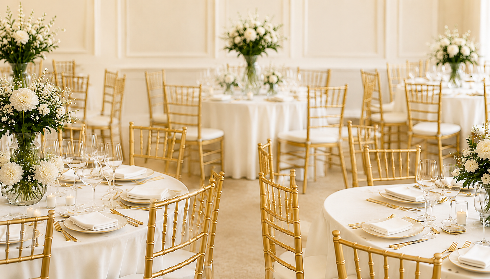 Elegant banquet hall decorated with white flowers and gold Chiavari chairs, set for a formal event or wedding reception.