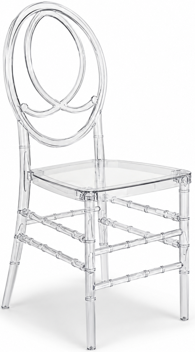 Clear acrylic chair with an oval backrest and a square seat, set against a plain white background.