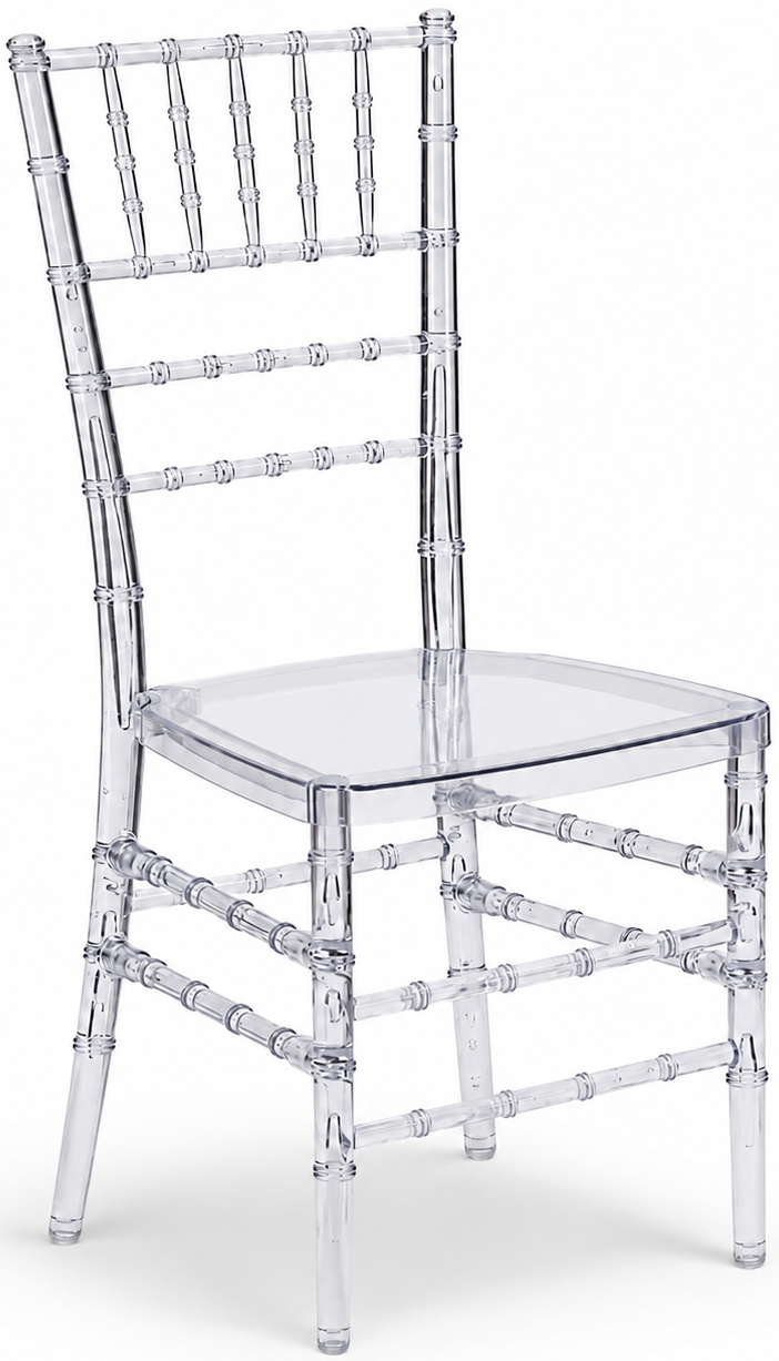 A clear plastic or acrylic chair with a transparent finish.