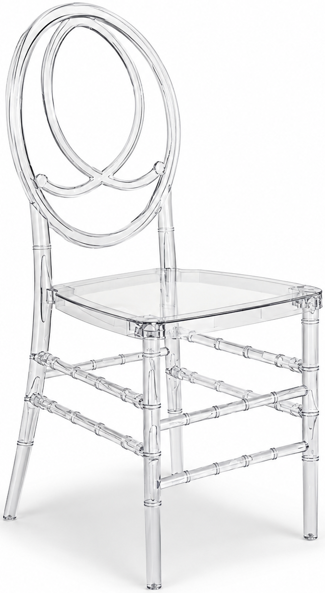 Translucent, clear acrylic chair with a rounded backrest and a flat seat.