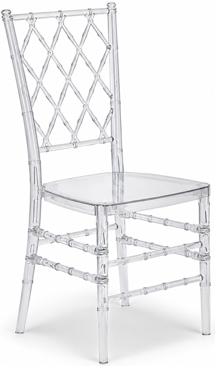 A clear, acrylic chair with a decorative lattice backrest and a flat seat against a white background.